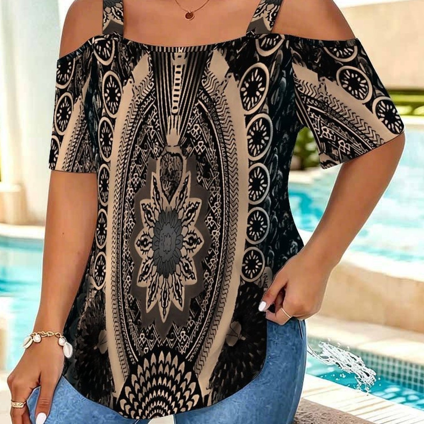 Plus Size - Ladies' Fashionable Large Size Halter Short-sleeved Shirt, One-shoulder Neckline Design, Fashionable And Elegant Style, Pattern