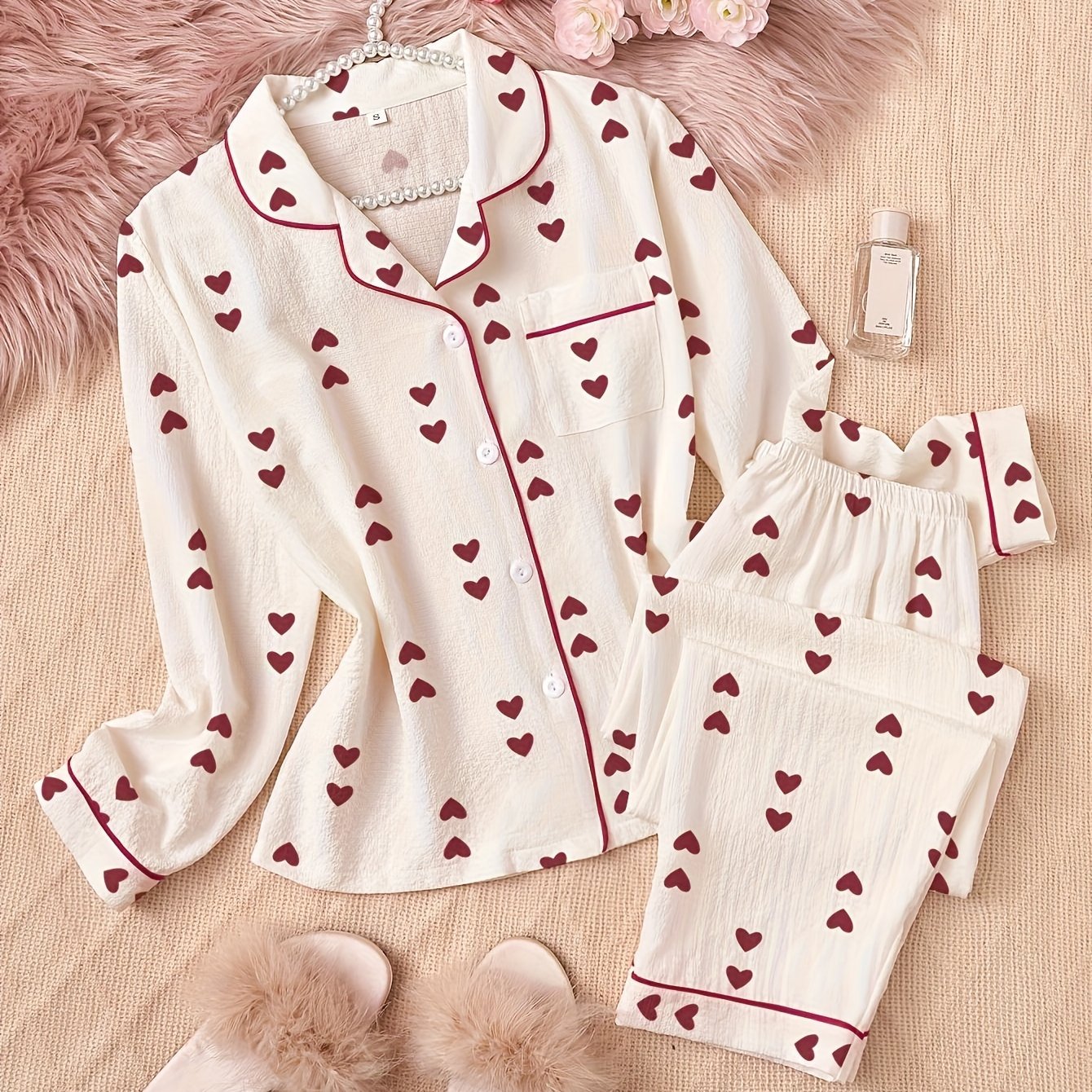 Bubble Wrinkle Heart Print Long Sleeve Long Pants Pajama Set