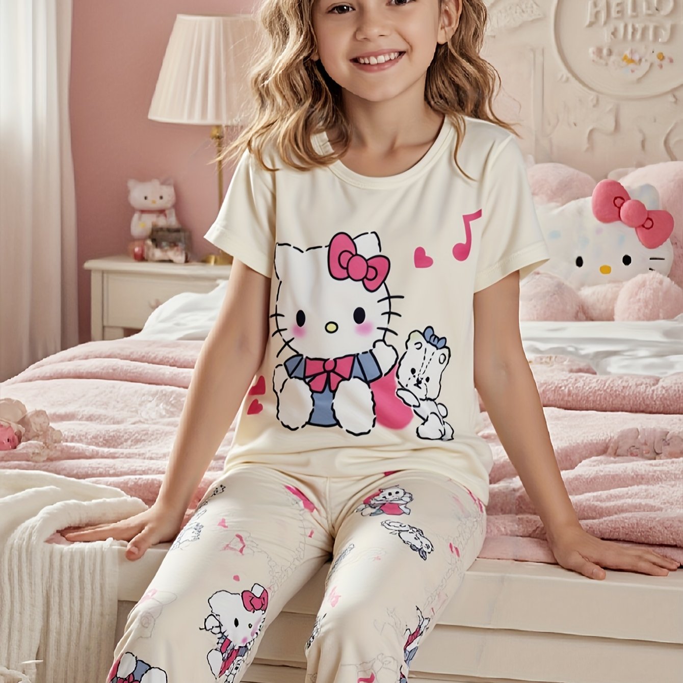 Hello Kitty Flame-retardant Girls' Short-sleeve Pajamas + Heart Bow Print Long Pants Loungewear 2pcs Set