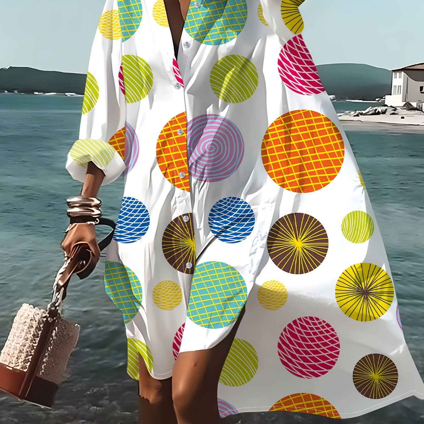 Image of Qc Women's Dress With Colorful Round Geometric Pattern Print And Buttons