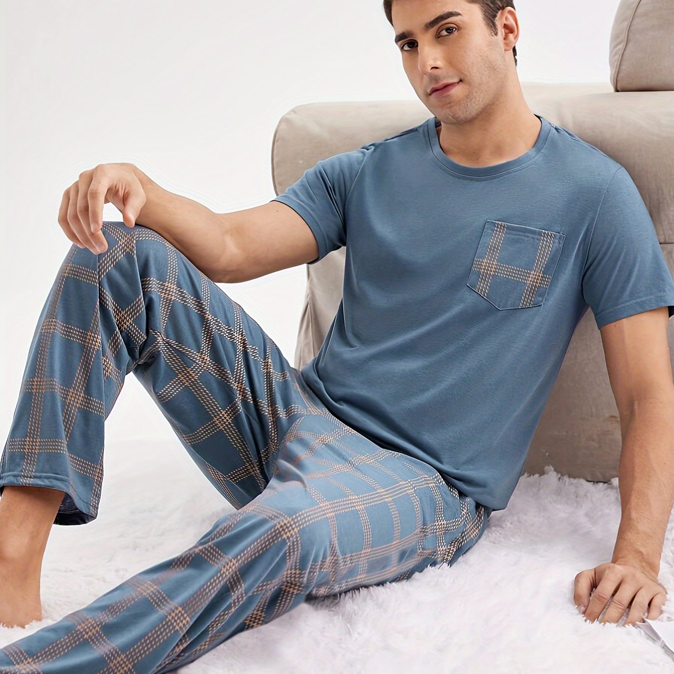 TEMU Men's Casual Blue Short-sleeve Top With Pocket & Long Pants Set - Soft, Comfortable Polyester Loungewear For Home Or Out