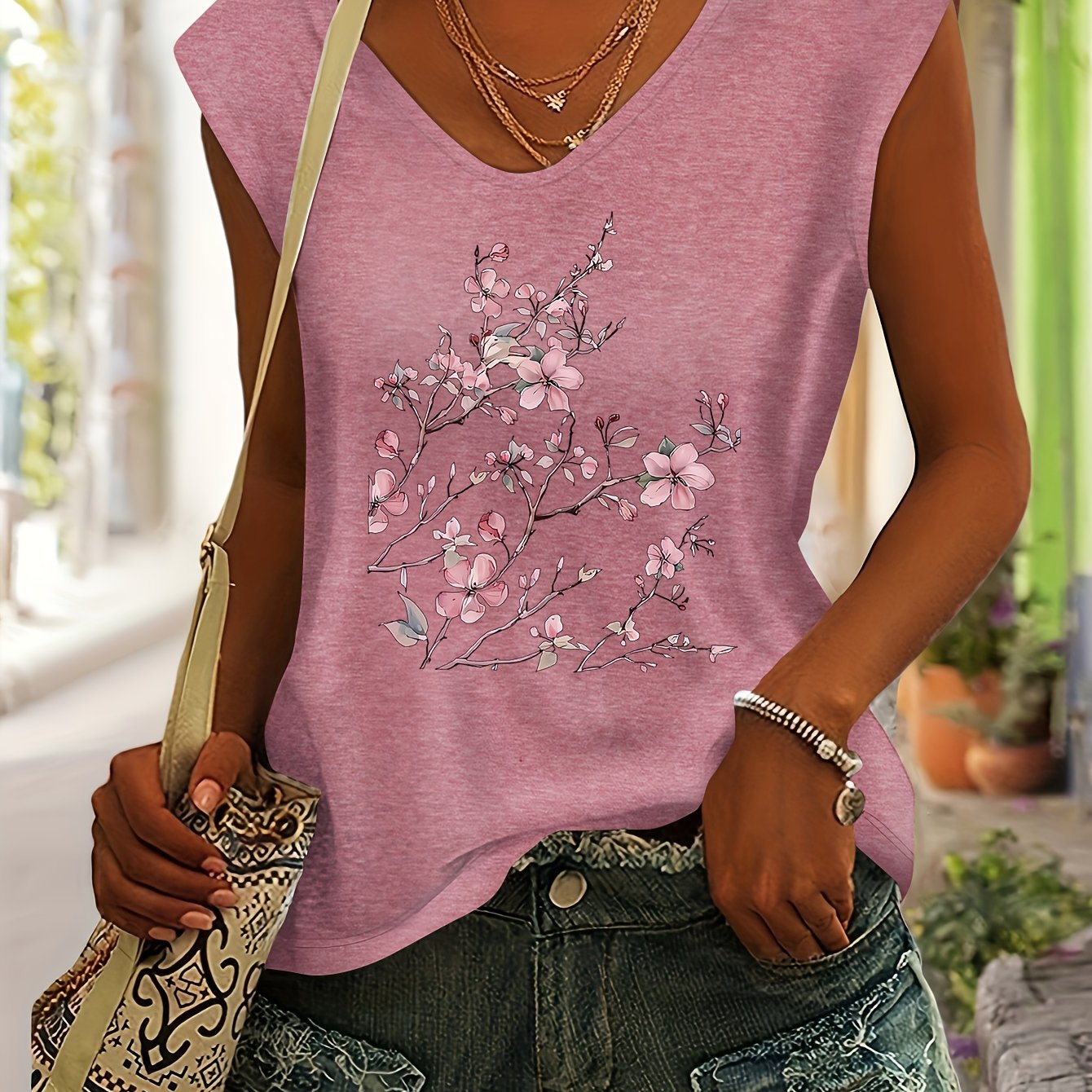 TEMU Women's Spring/summer Top With Watercolor-style Cherry Branch Illustration Print, Daily Comfortable Simple Casual Fashionable Versatile