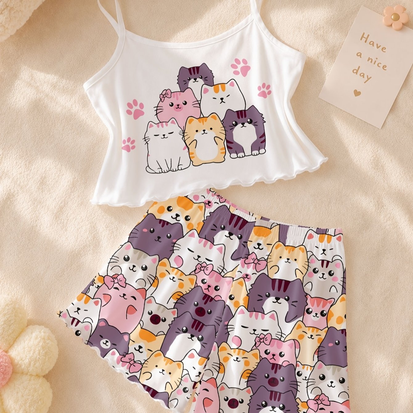 Image of 2pcs Girls' Cami Shorts Pajama Set, Cute Cat Print, Comfortable Fabric, Suitable For Pre-sleep Summer Wear, Machine Washable - Ideal Gift For Girls, Flame-retardant Fabric