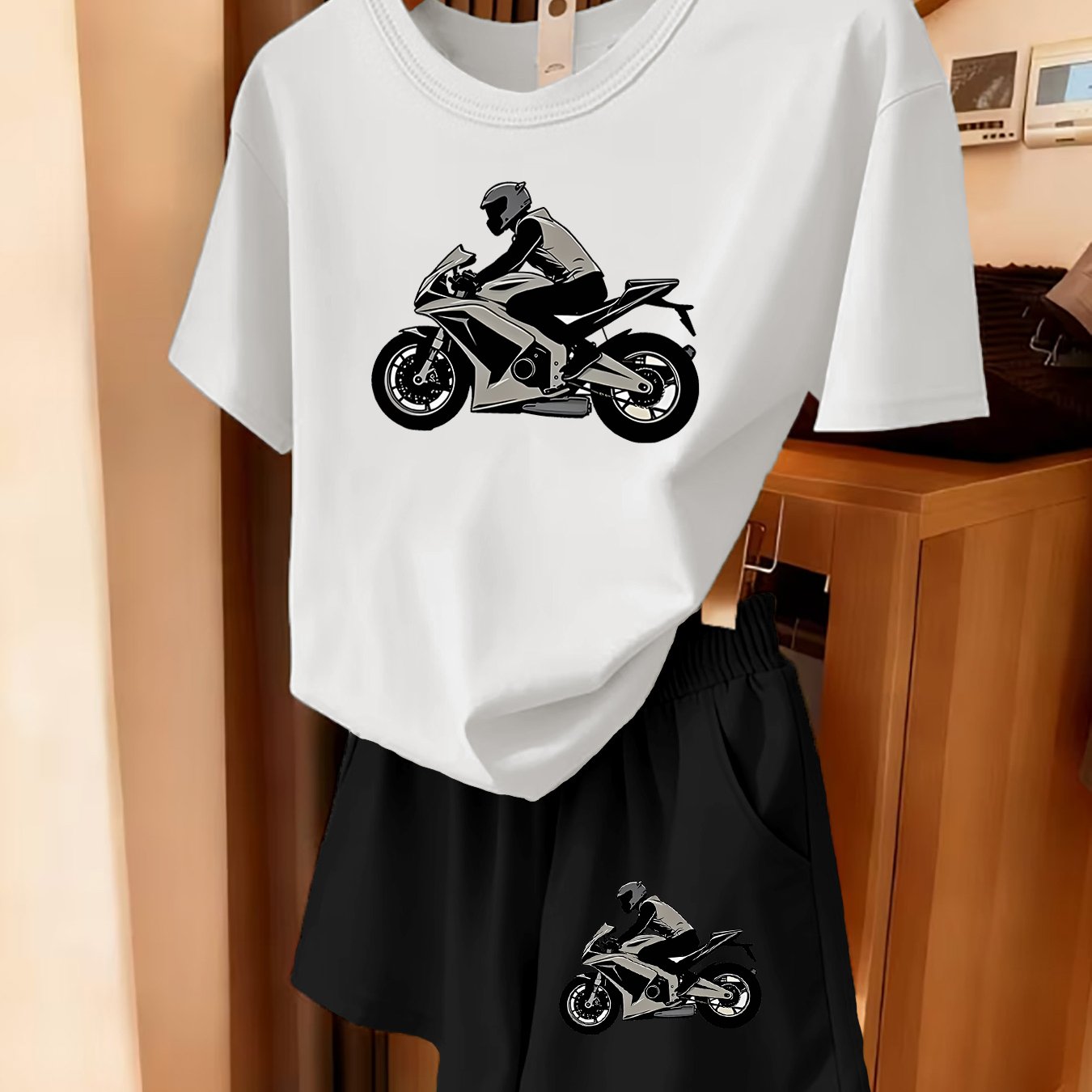 TEMU 2pcs Women's Spring Short Sleeve Set - Cool Biker Print With Fun Patterns, Comfortable And Soft Breathable Sportswear For Daily Outfits, Perfect