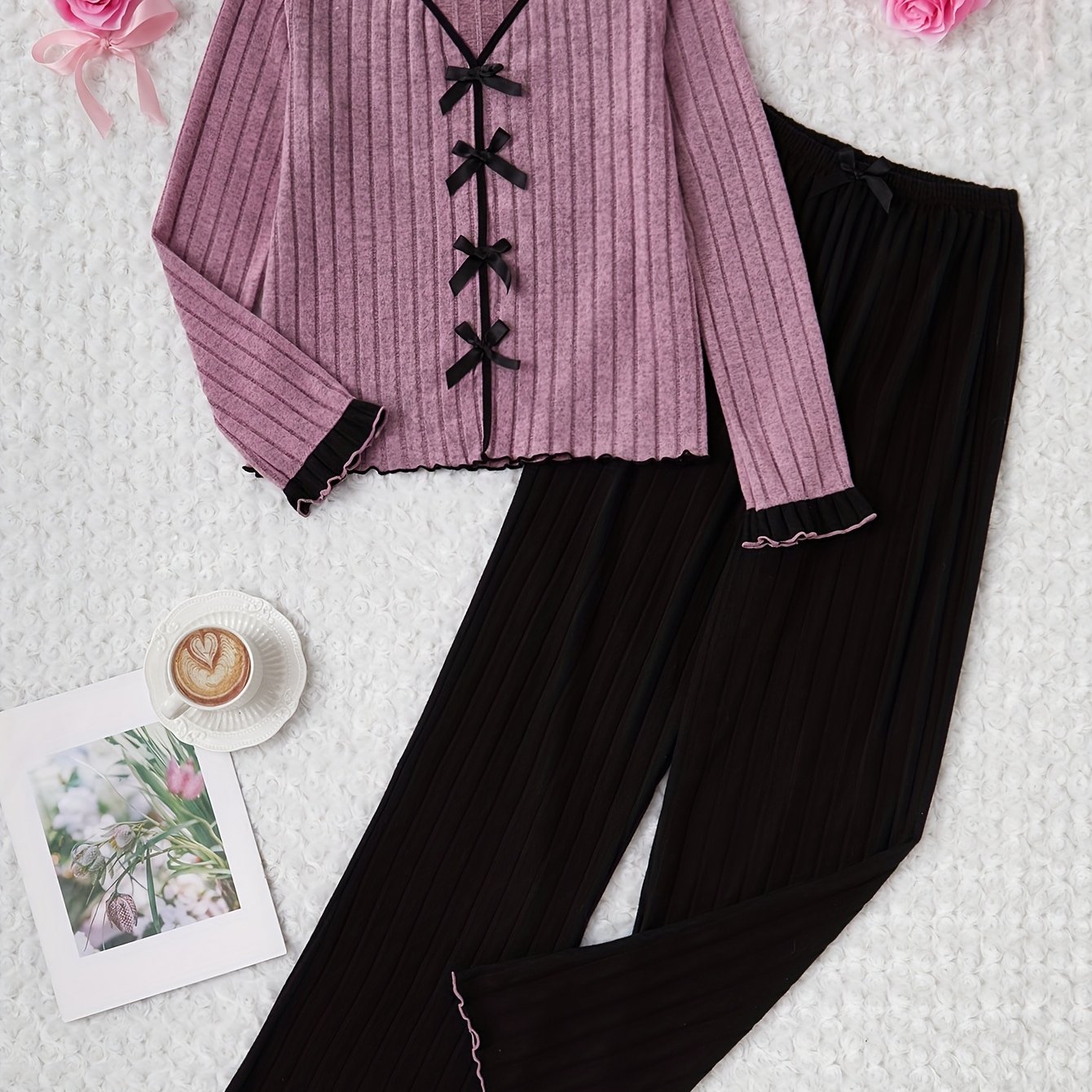 E-shop Damen Pyjama Set mit Schleife, kontrastierende Farben und lange Ärmel mit langen Hosen