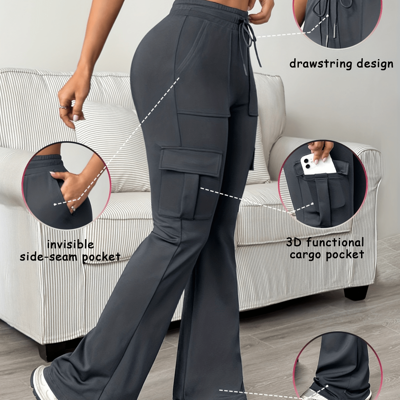 Image of Women's High-waist Drawstring -lifting Flare Yoga Pants, With Pockets, Fitness Sports Casual Trousers, Autumn/winter Black Fall