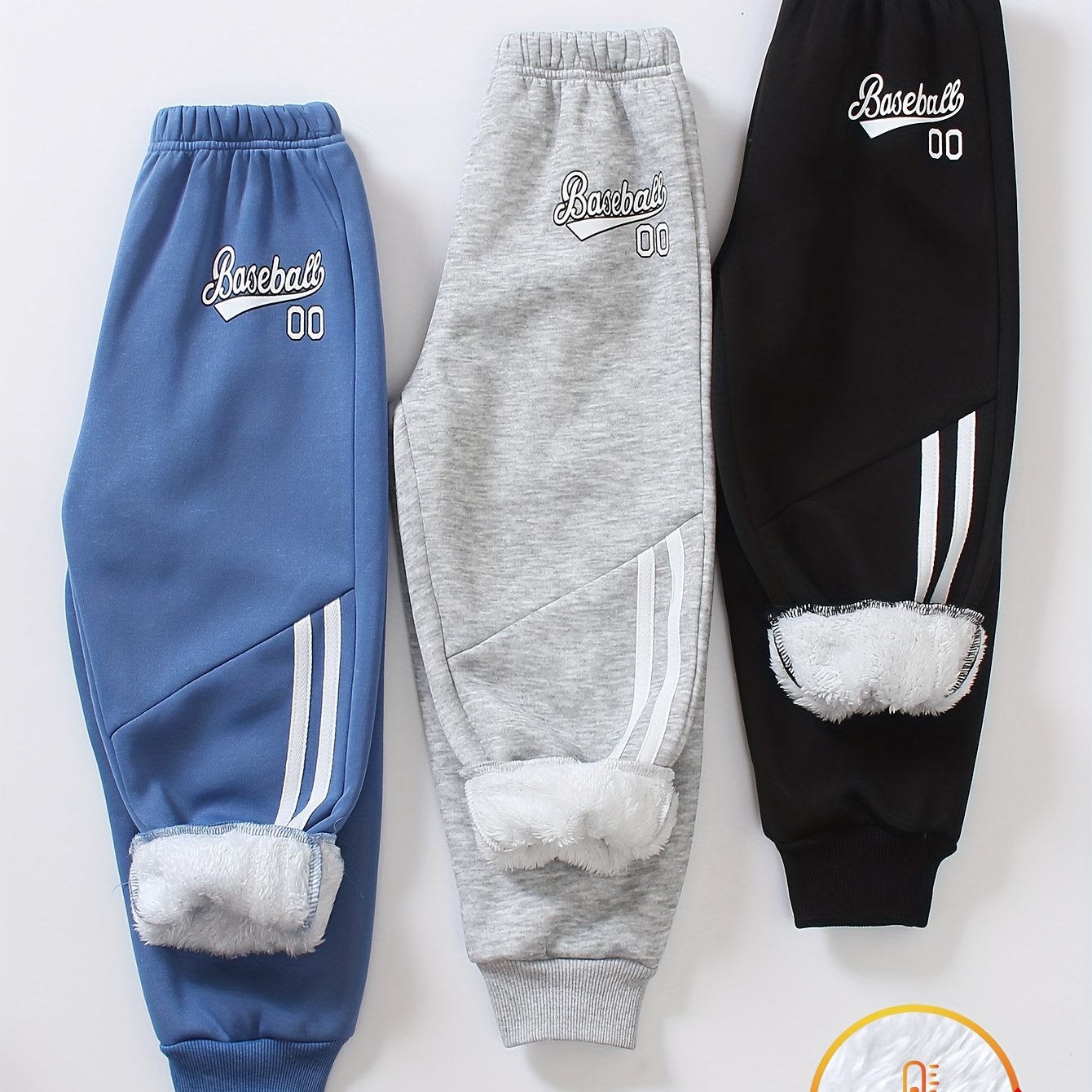 Image of [3pcs Set] Boys' Letter Print Fleece-lined Pants For Autumn/winter, Casual Warm Trousers, Machine Washable, Boys' Clothing, For Outdoor