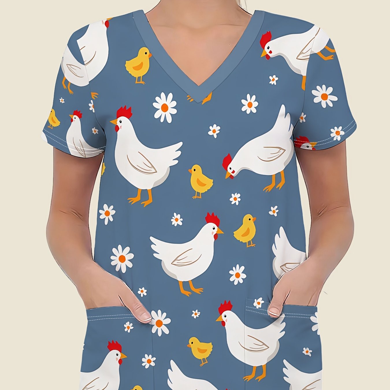 TEMU Women's Work Clothes, Nursing Uniforms, , Breathable And Skin-friendly Fabric, V-neck Design, Printed With Cute And Little Element Patterns,