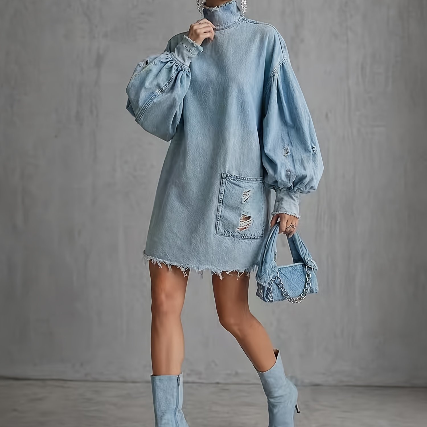 TEMU Women's High-neck Lantern-sleeve Ripped Long-sleeve Denim Dress, Mid-length Straight-cut Denim Shirt Dress With -hem , Suitable For Spring,
