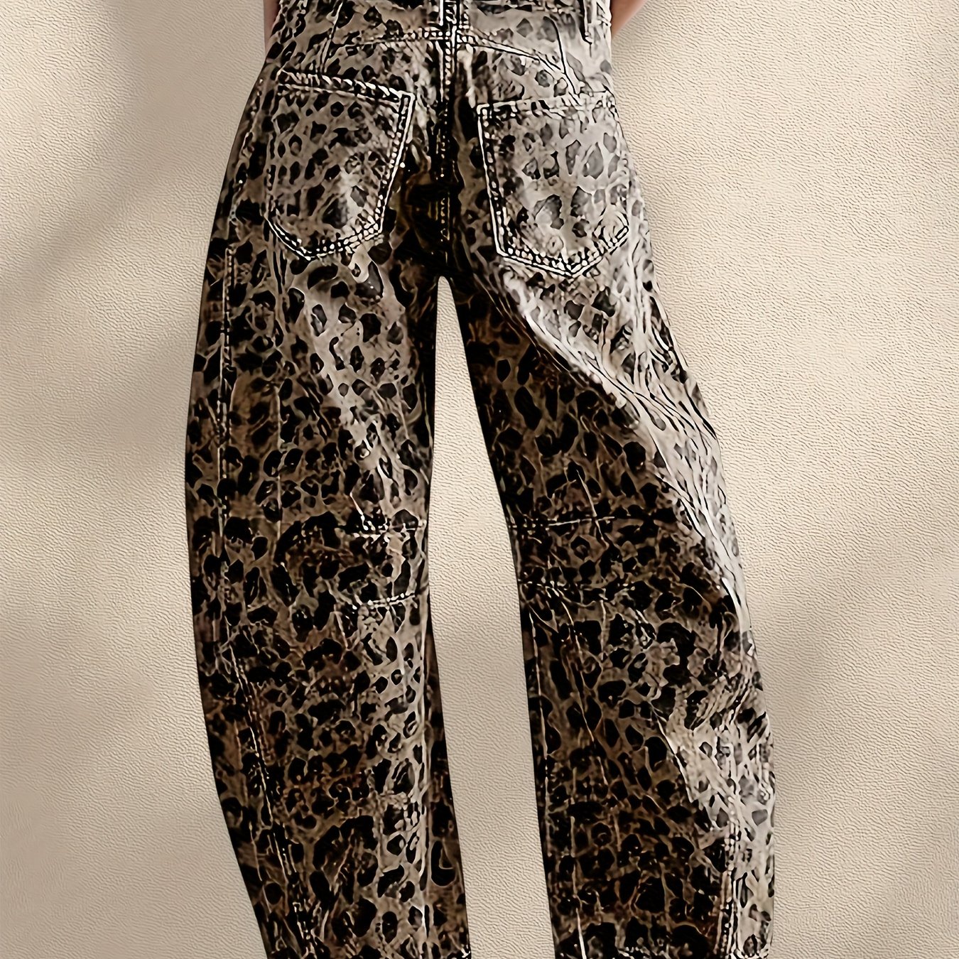 TEMU Women's Mid-rise Leopard Print Wide-leg Jeans | Loose-fitting Long Leg Slacks, Stylish And Versatile, Machine Washable, With Pockets, Retro