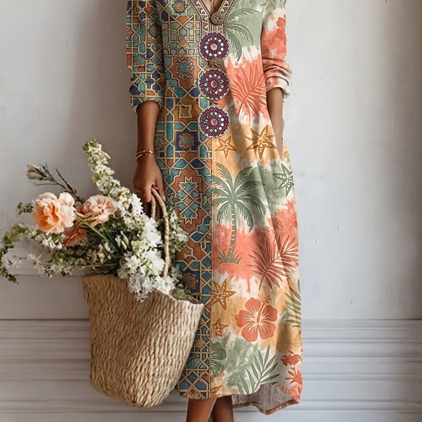 Mustard Yellow Geometric Polka Dot Spliced Printed Women's V-neck -quarter Sleeve Loose Midi Dress