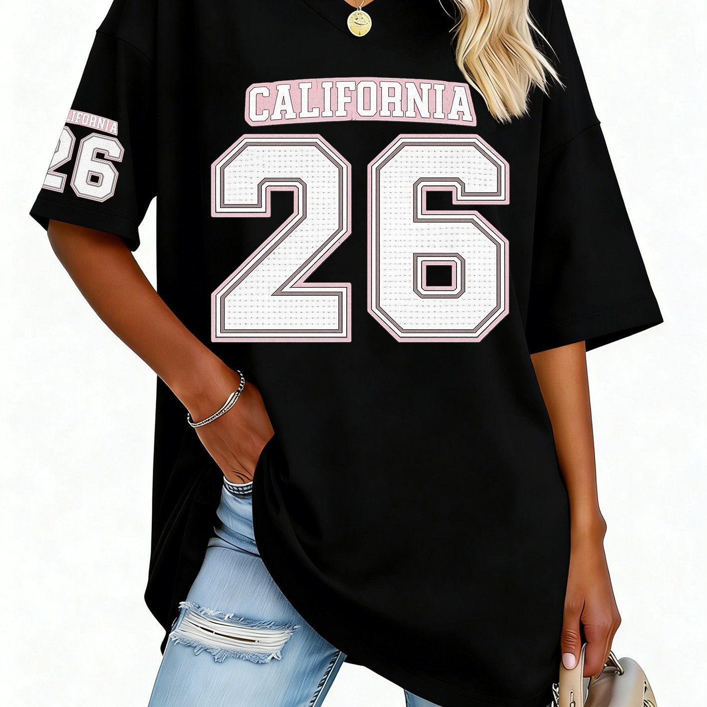 TEMU Women's Fashion V-neck Tee Featuring Relaxed Drop Shoulders