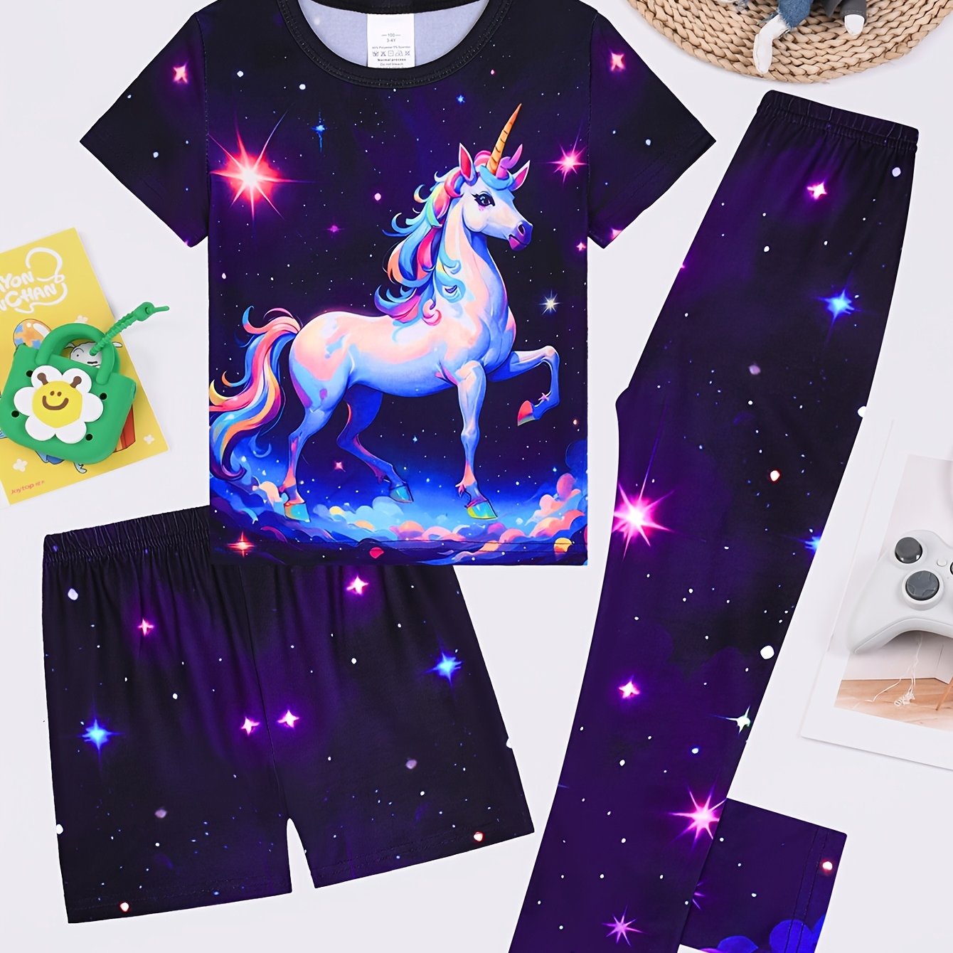 Image of 3pcs Girls' Starry Unicorn Short Sleeve Short Shorts Set And Long Pants, Princess Pajamas, Skin-friendly Soft Comfortable Breathable