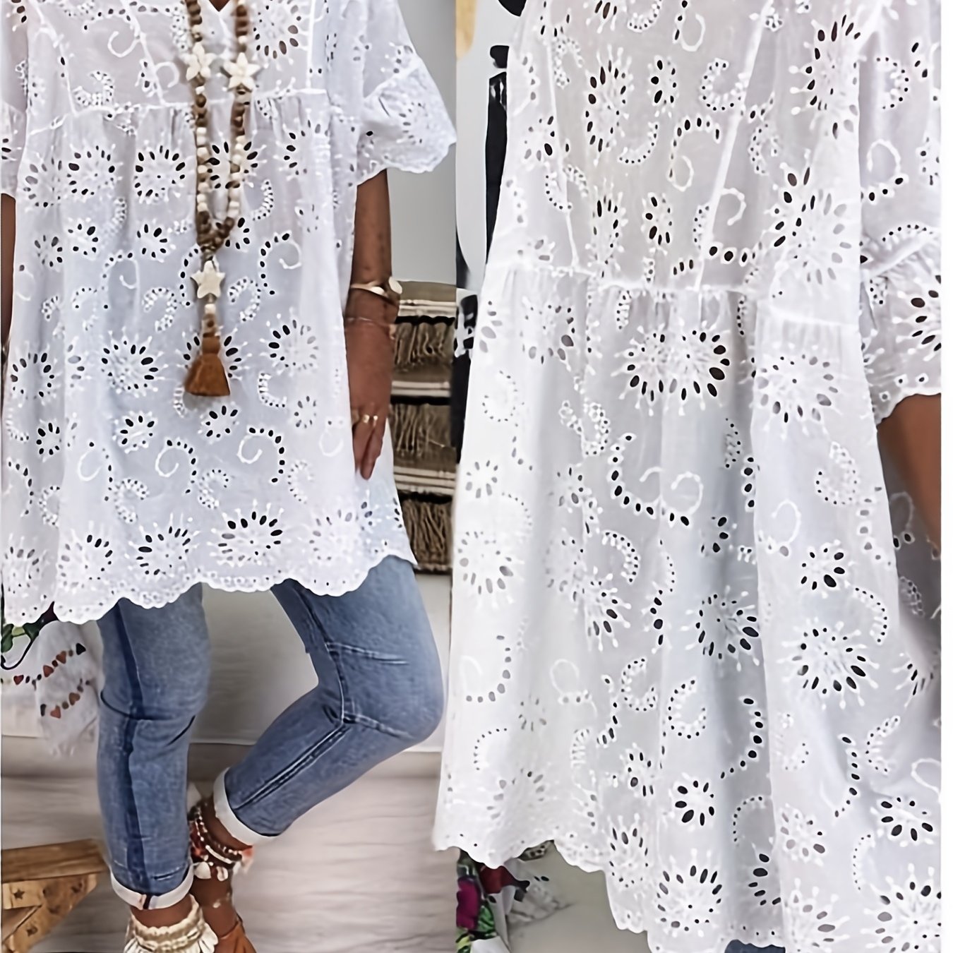 TEMU Women' Color Embroidered Hollow Fabric V-neck Dress