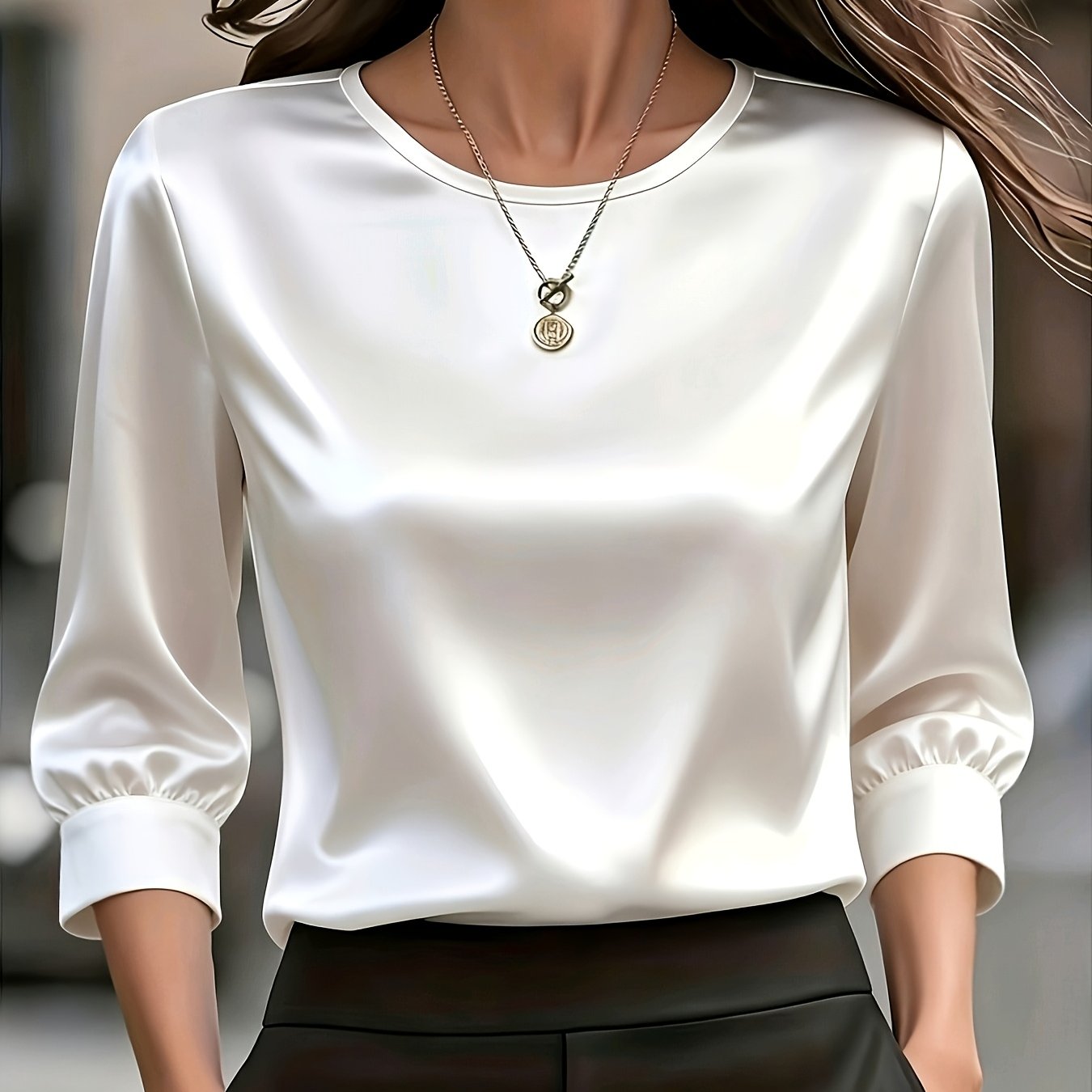 TEMU Women' Color 3/4 Sleeve Top, Formal Office Slim Elegant Blouse, Satin-like Texture Versatile T-shirt For Multi-occasion Wear