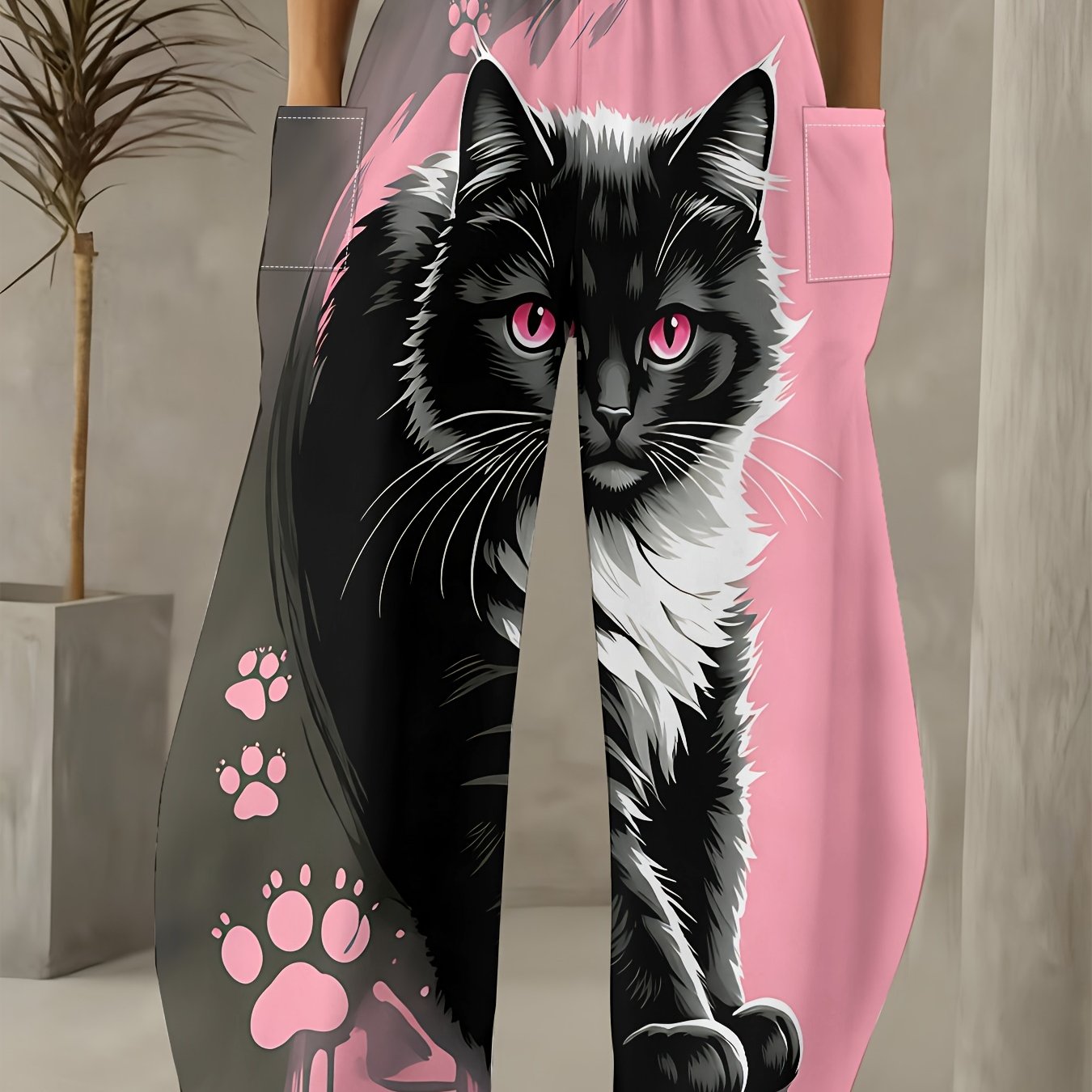 TEMU Plus-size Women's Four-season Sweet- Pink And Red- Cat Paw Print Loose Wide-leg Pants Soft Fabric Casual Xiang Rongxin