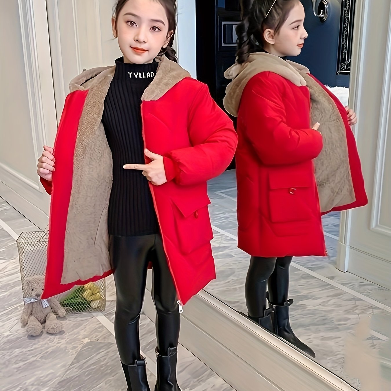 Image of Girls' Winter Trench Coat, Clothing, Thick And Loose Hooded Jacket With Large Pockets For Back-to-school Outfits, Warm Coat Suitable For Outdoor Play, Girls' Winter Wear, Halloween