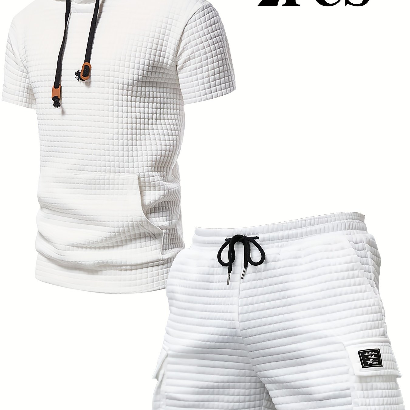 TEMU Summer Waffle Texture Fashionable Casual Hooded Short-sleeved Set, Men's Polyester Drawstring Pocket Sporty Sewn Label Short Knitted 2pcs Set