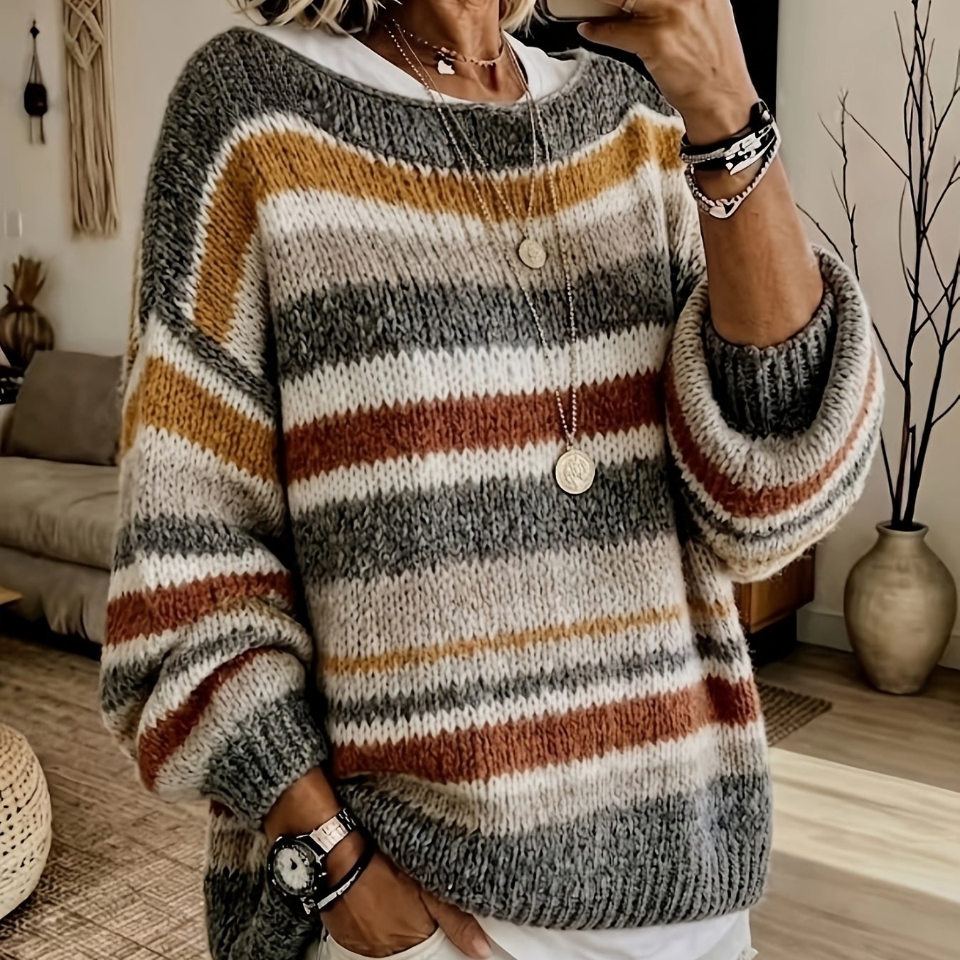 TEMU Plus Size - Autumn Winter Wide Stripe Color-block Plush Soft Loose Lantern Sleeve Round Neck Lazy Style Daily All-match Photography Warm