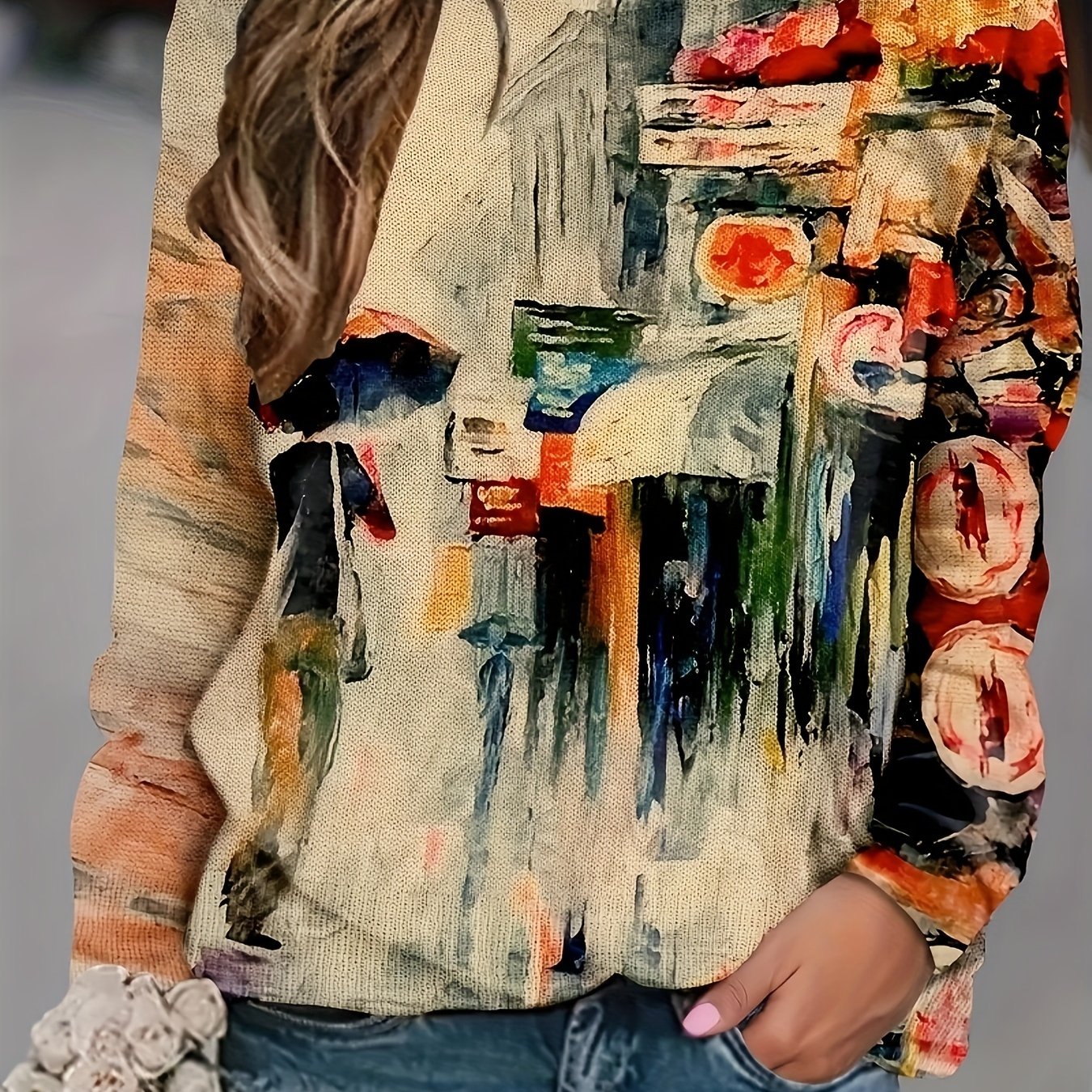 Women's Printed Round-neck Pullover Long-sleeve Soft Loose- Sweater