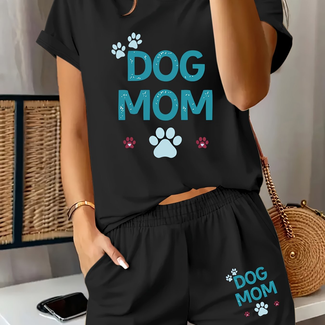 TEMU 2025 Summer New Arrival, Dog Mom Dog Paw Round Neck Short Sleeve Top With Elastic Waist Pocket Shorts Women'-piece Set