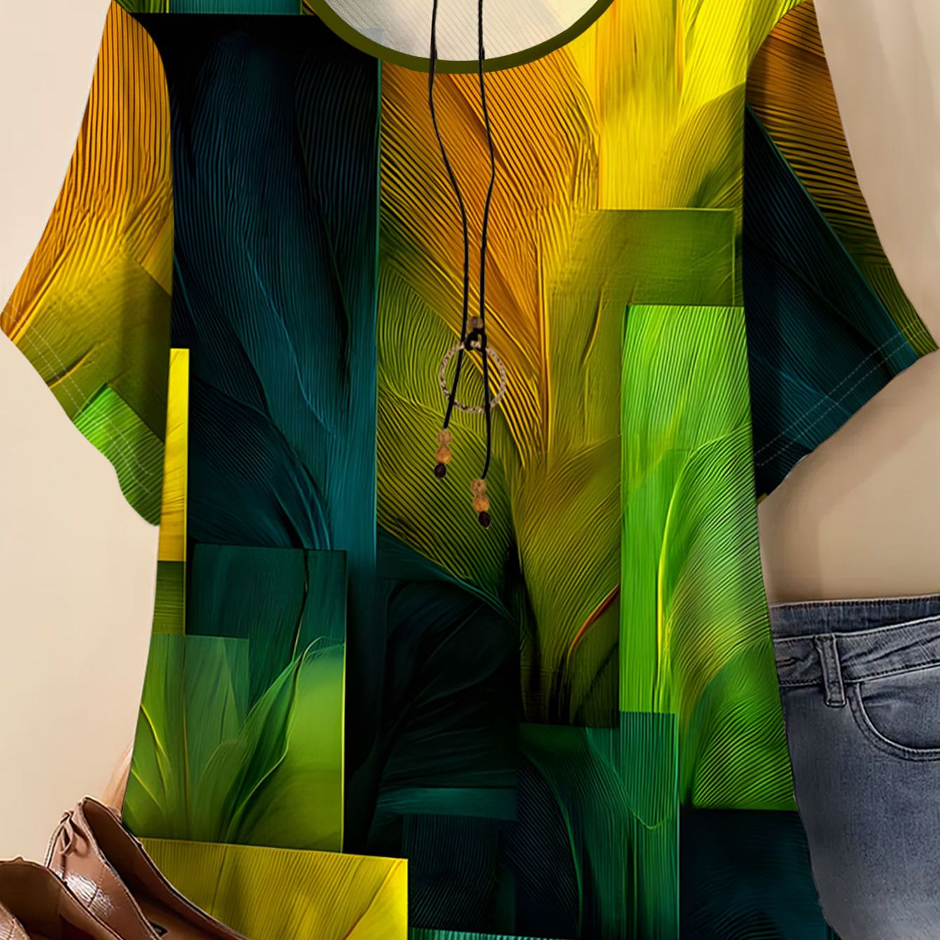 TEMU Plus Size Women's Round Neck T-shirt, New Printed Short Sleeve Tee, Fashionable Color-block Geometric Pattern Top, Loose Fit, Comfortable And
