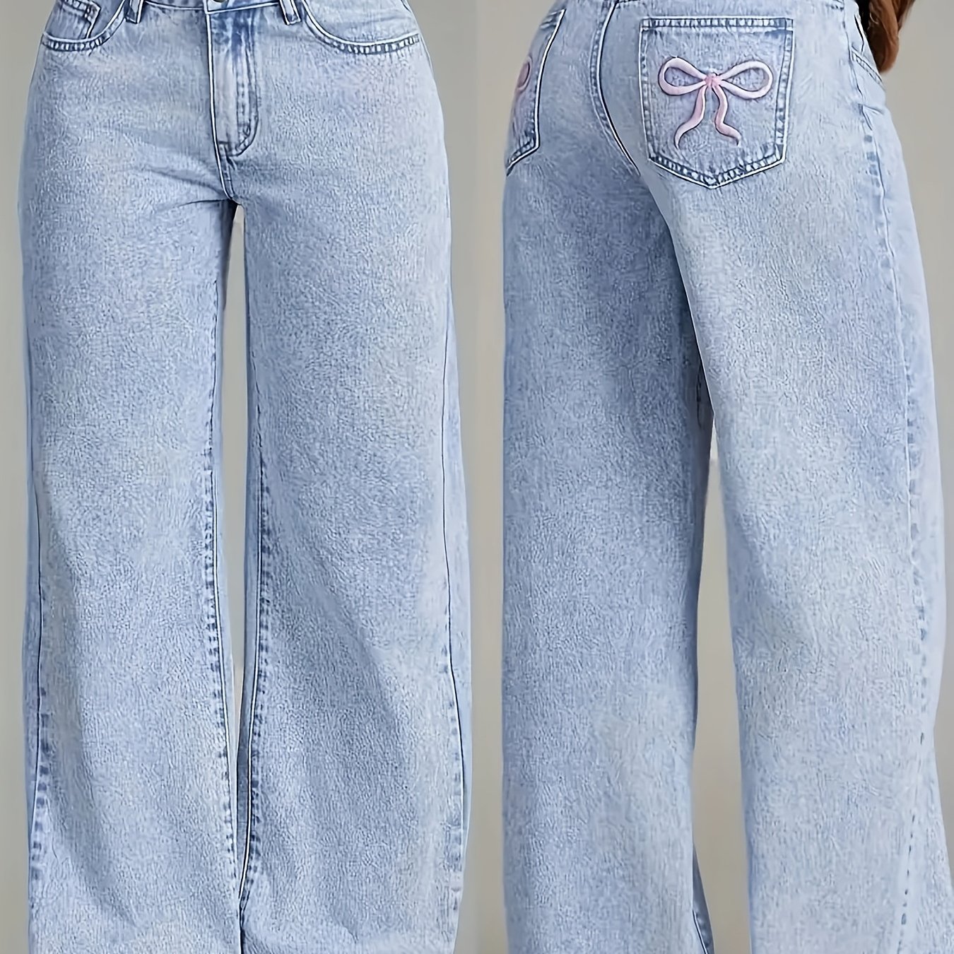 Embroidered Pink Bow Jeans, Flake Straight Long Pants, Casual Pants For Teen, Spring/summer/autumn Essentials