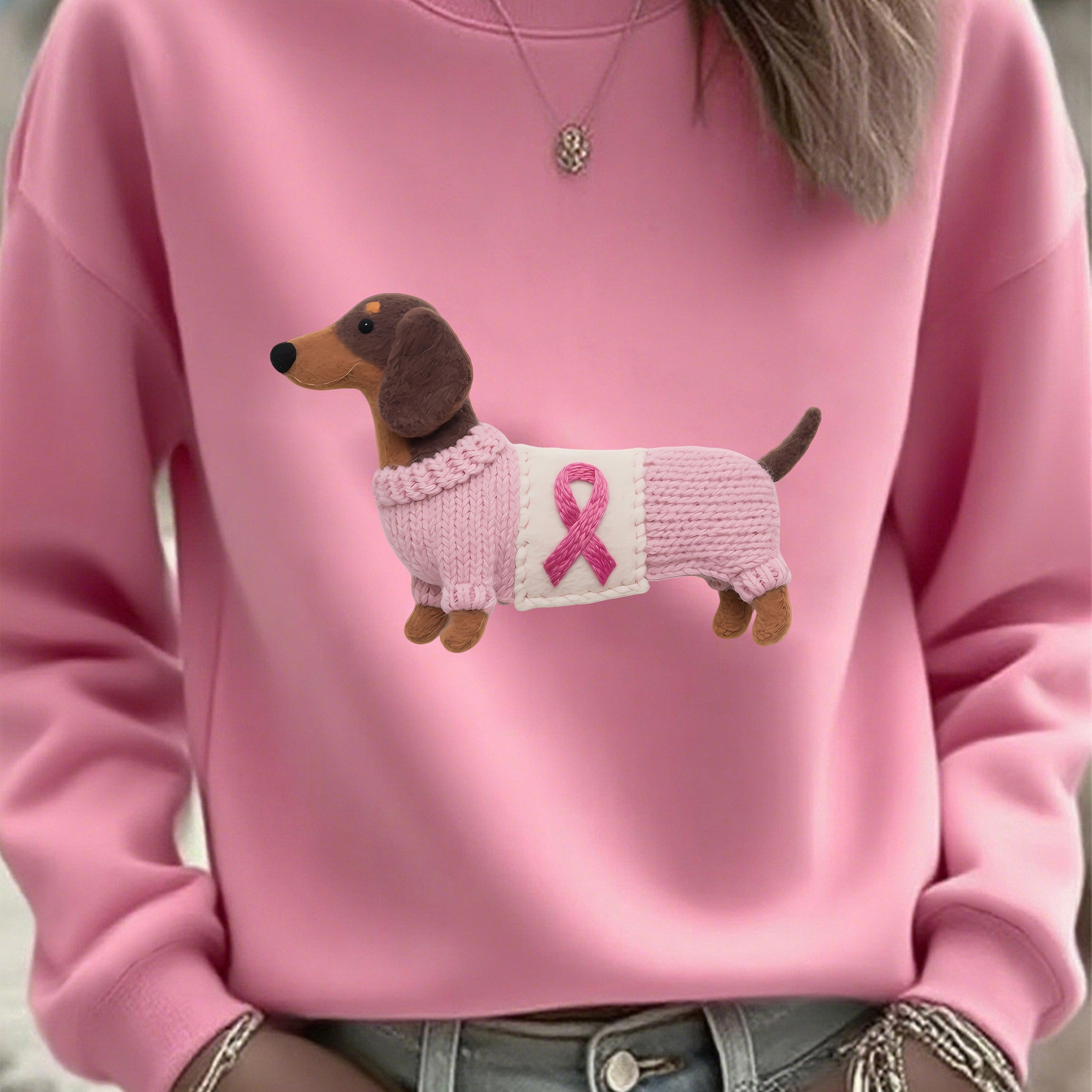 TEMU Sudadera cómoda para mujer con diseño artístico de perro salchicha, sobre el cáncer de seno