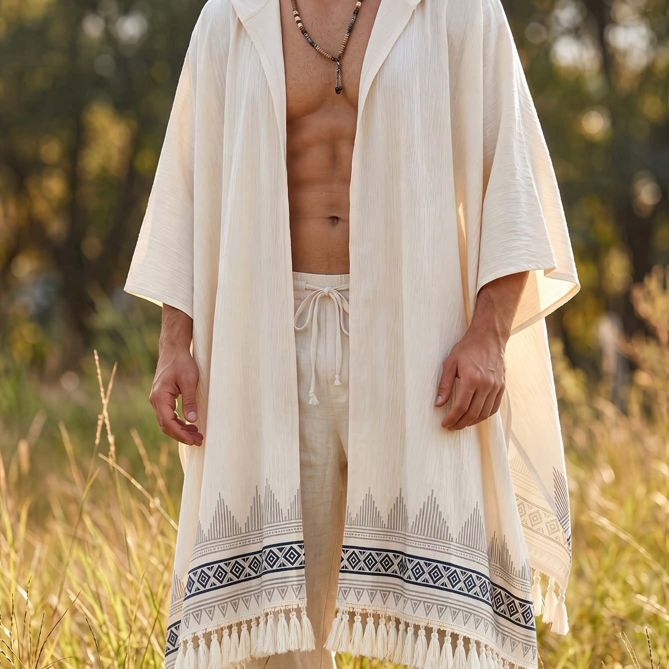 TEMU Men's Versatile Bohemian Draped Open-front Cardigan - Apricot Casual Hooded Cape Coat For Daily And Beach Wear