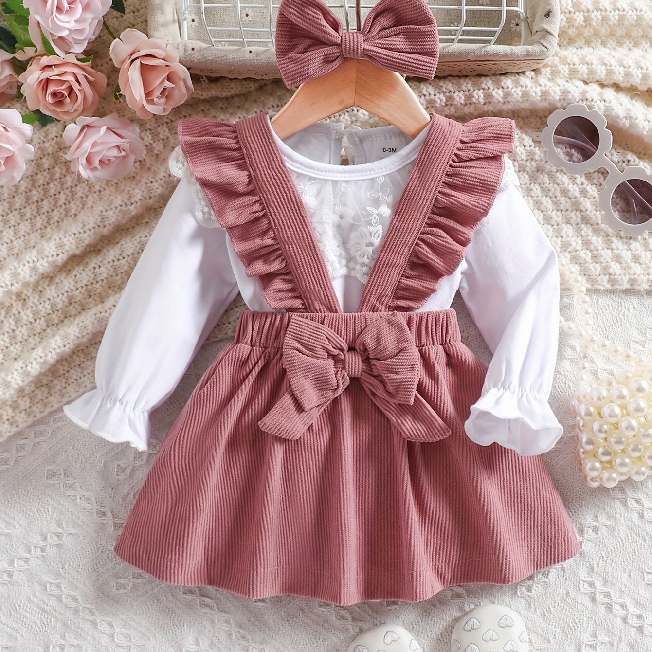 Image of Baby Girl Skirt Set Autumn And Spring Baby Long-sleeved Lace Top + Suspender Skirt Headband, For Outdoor
