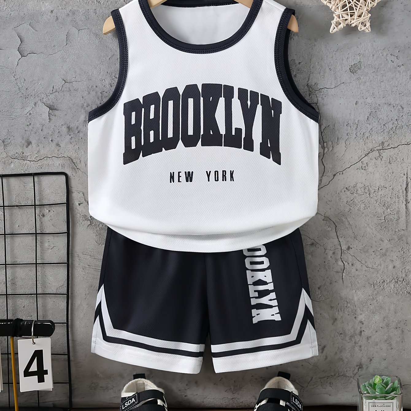 Image of Summer Clothes Young Boys Letter Printed Basketball Sports Tank Top And Sports Shorts 2 Piece Set, For Outdoor