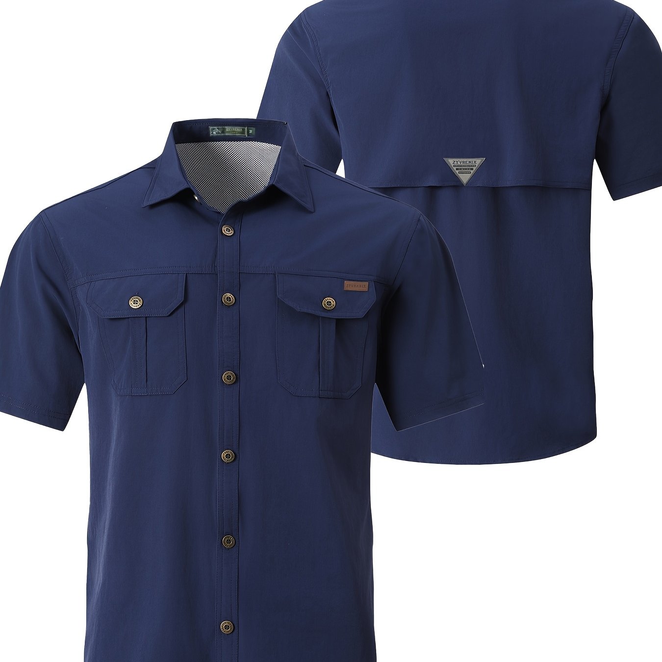 TEMU Men's Fog Blue Short Sleeved Shirt, Military Style Button Collar Workwear Pocket Shirt, Solid Color Retro Elastic Leisure Camping