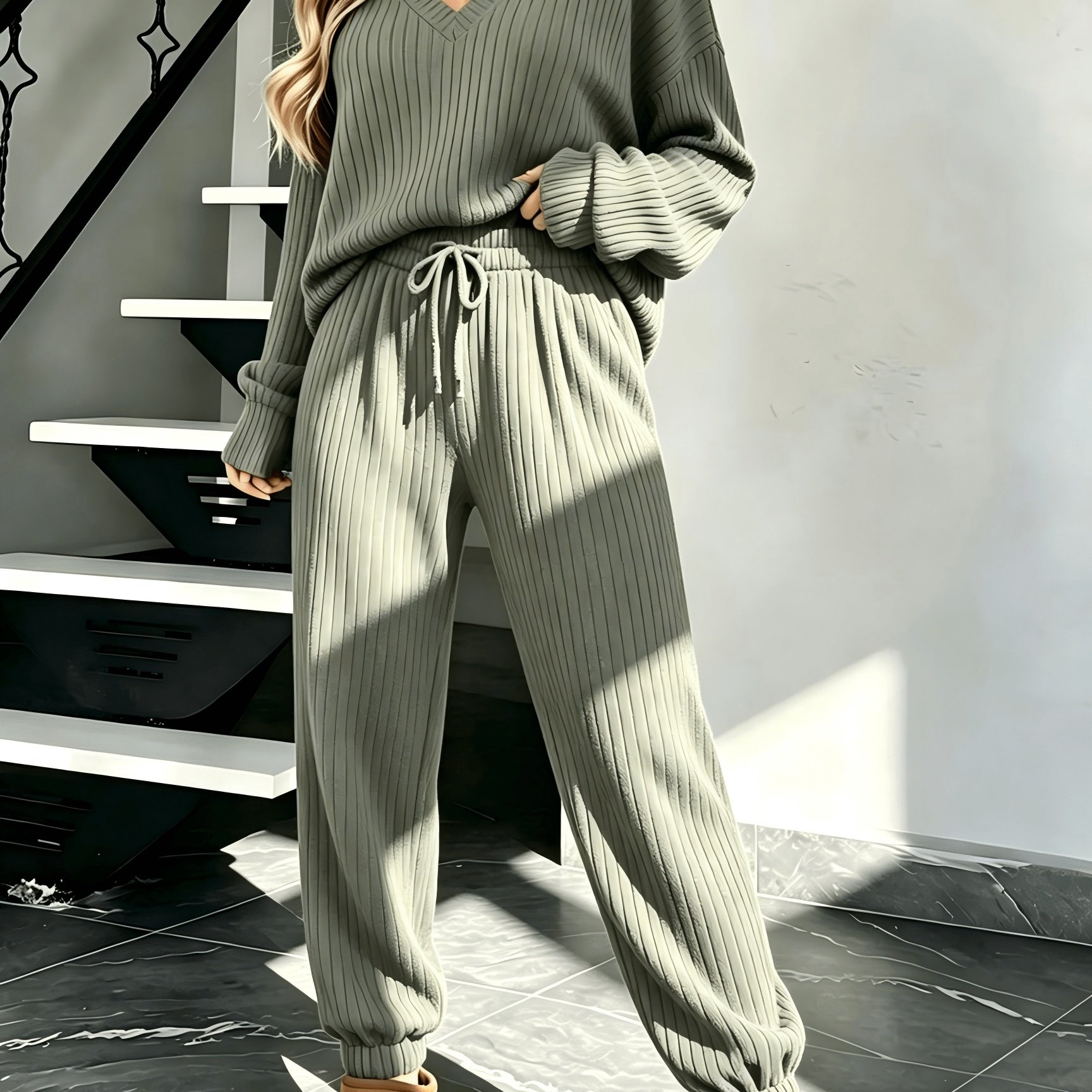 TEMU Ladies' Autumn And Winter Loungewear 2pcs Set, Autumn New Solid Color Top And Pants Set, Women's Ribbed Pajamas, V-neck Lazy Loose Wear,