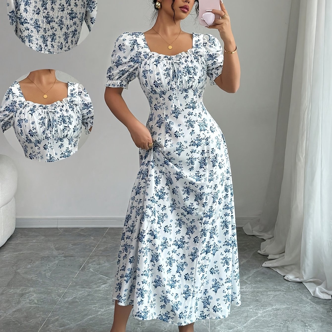 TEMU Oil Painting Style Blue White Floral Dress New Square Neck Drawstring Puff Sleeve European Country Pastoral Style Outfit Gentle Atmosphere