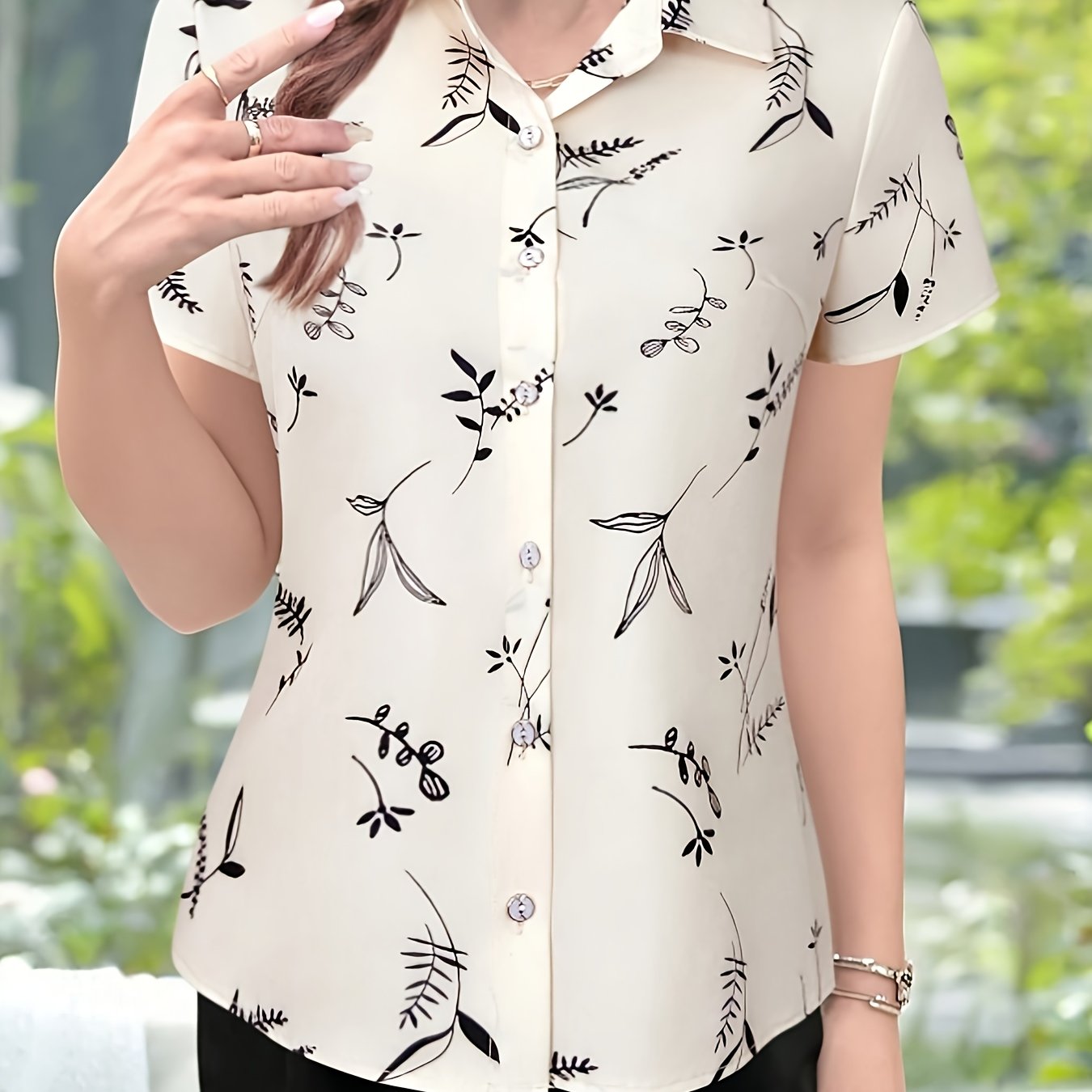 TEMU Women's Elegant Casual Beige Floral Print Short-sleeve Shirt