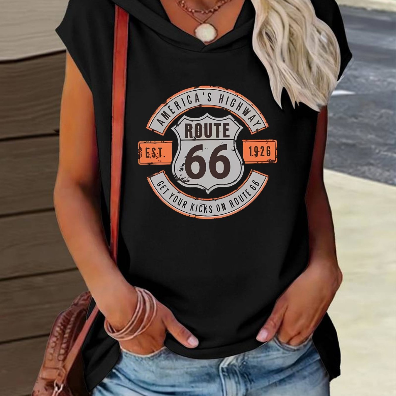 TEMU Women's Vintage Hooded T-shirt - Retro Y2k Oversized Top With Iconic Highway Print, Loose- Suitable For Casual Wear, Trips & Everyday Outfits,