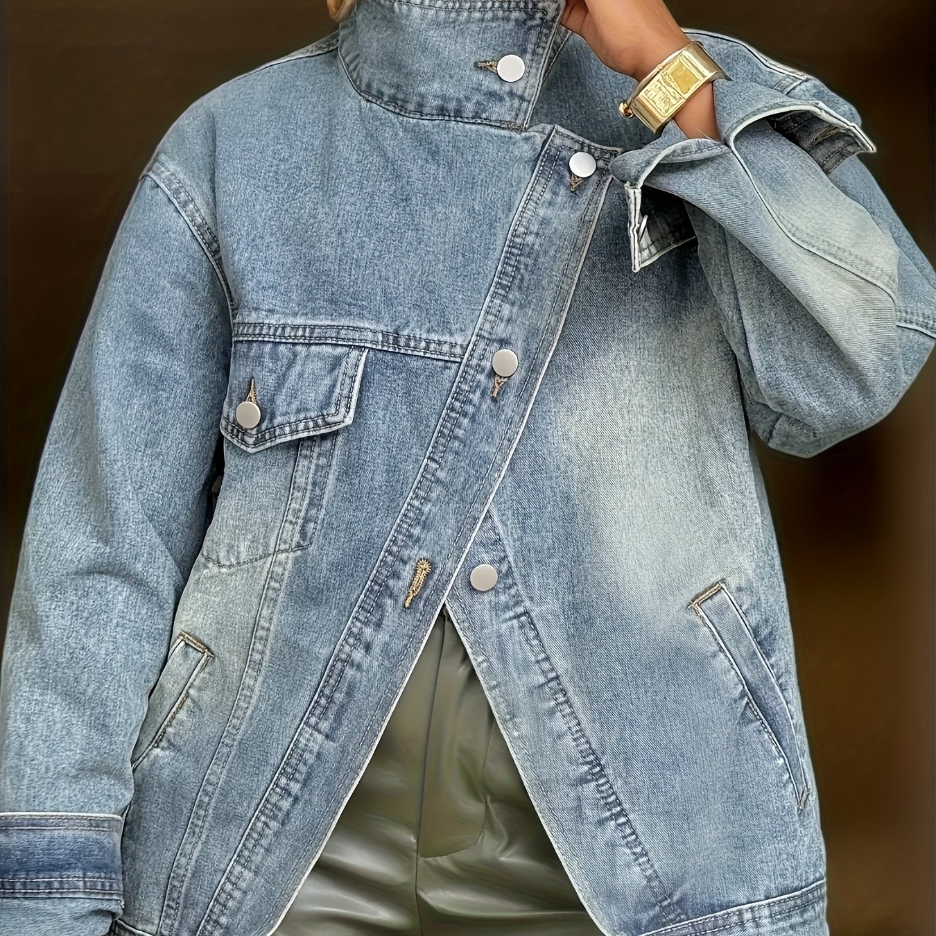 TEMU Women's Stand-collar Diagonal-button Denim Jacket | Classic Wash, Slim Fit, Ideal For Daily &