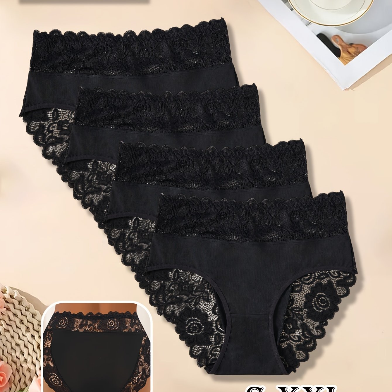 E-shop 4 Stück Damen High-Waist Slips, bequem atmungsaktiv, Spitzenverarbeitung, Blumenmuster, neue Damenunterwäsche
