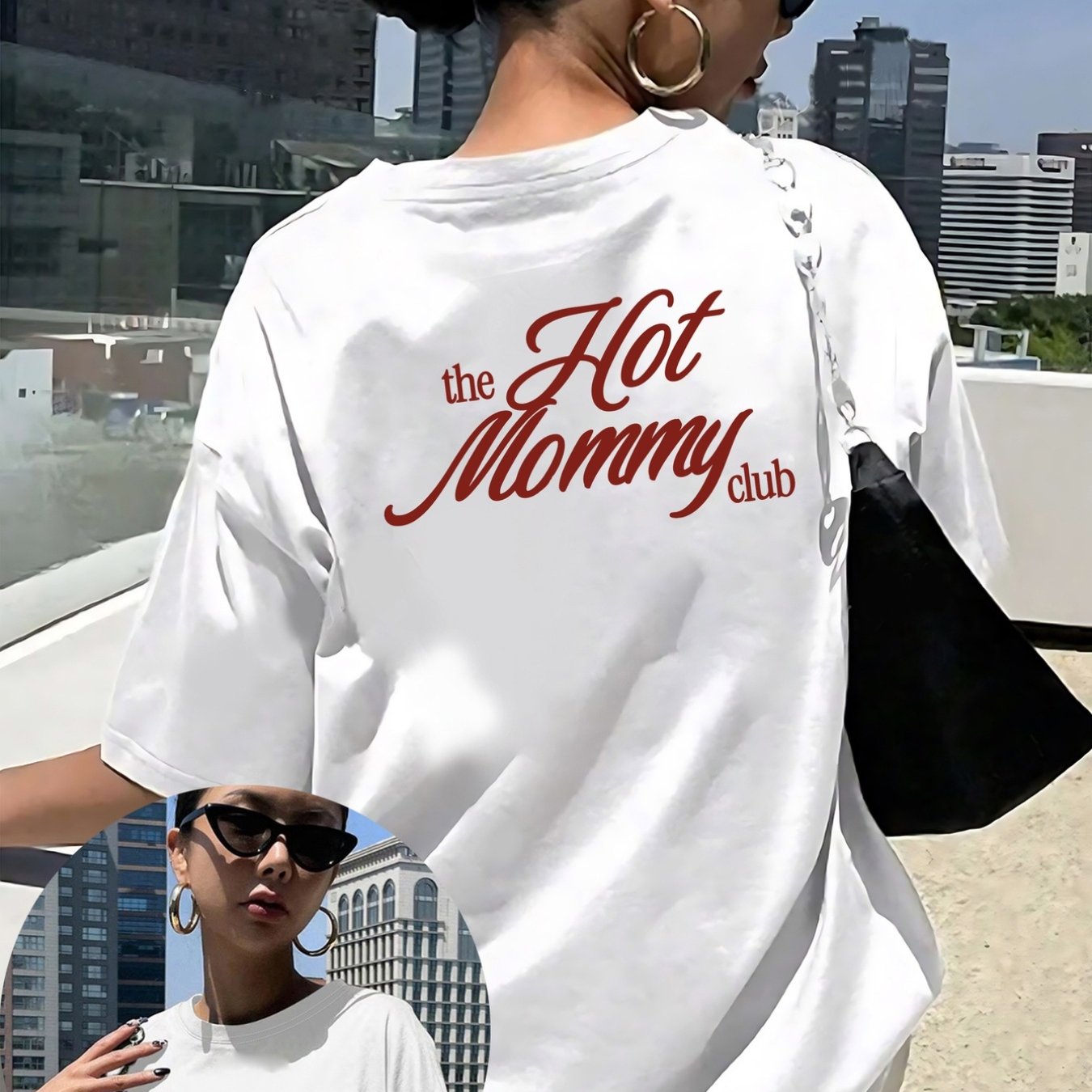 TEMU Double-sided Printed T-shirt, The Hot Mommy Club, Fashion Printed T-shirt Printed Women's Round Neck Casual Short Sleeve, Skin-friendly Fabric,
