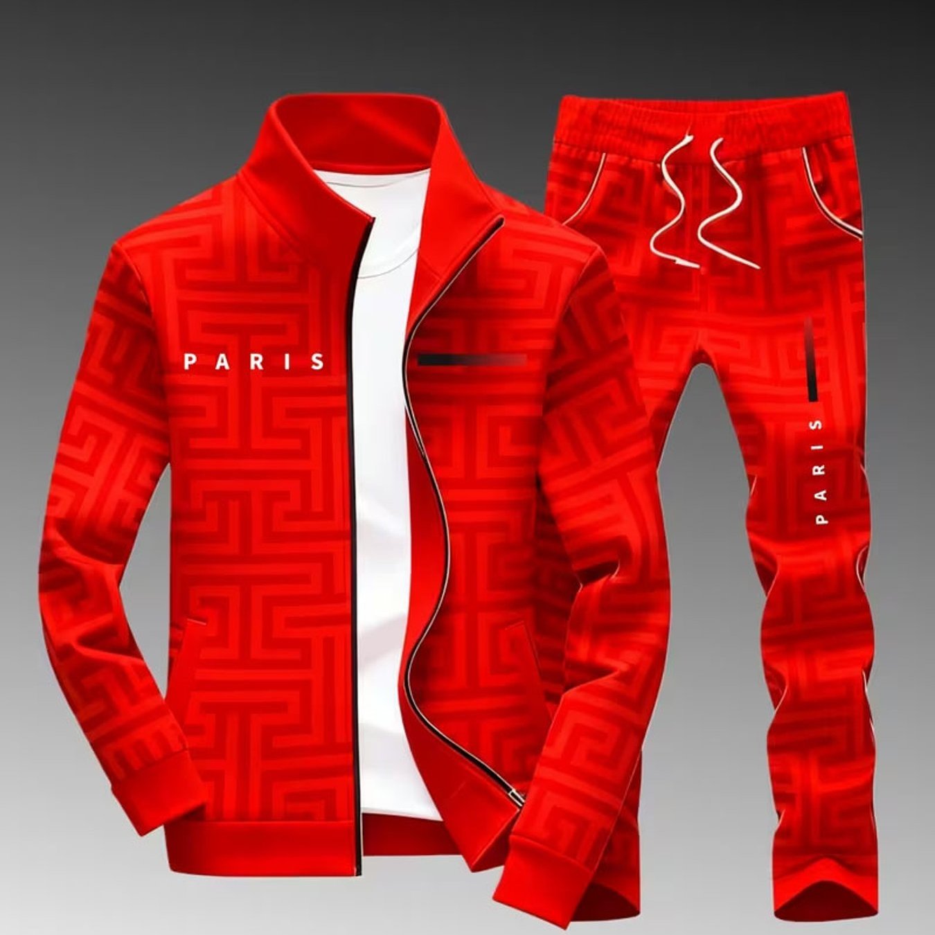 Men's Fashion Casual Trendy Geometric Maze Pattern Zip Jacket & Drawstring Pants 2pcs Set Paris Letter Print Street Style Sportswear For Adults Men Fall Winter Casual Wear