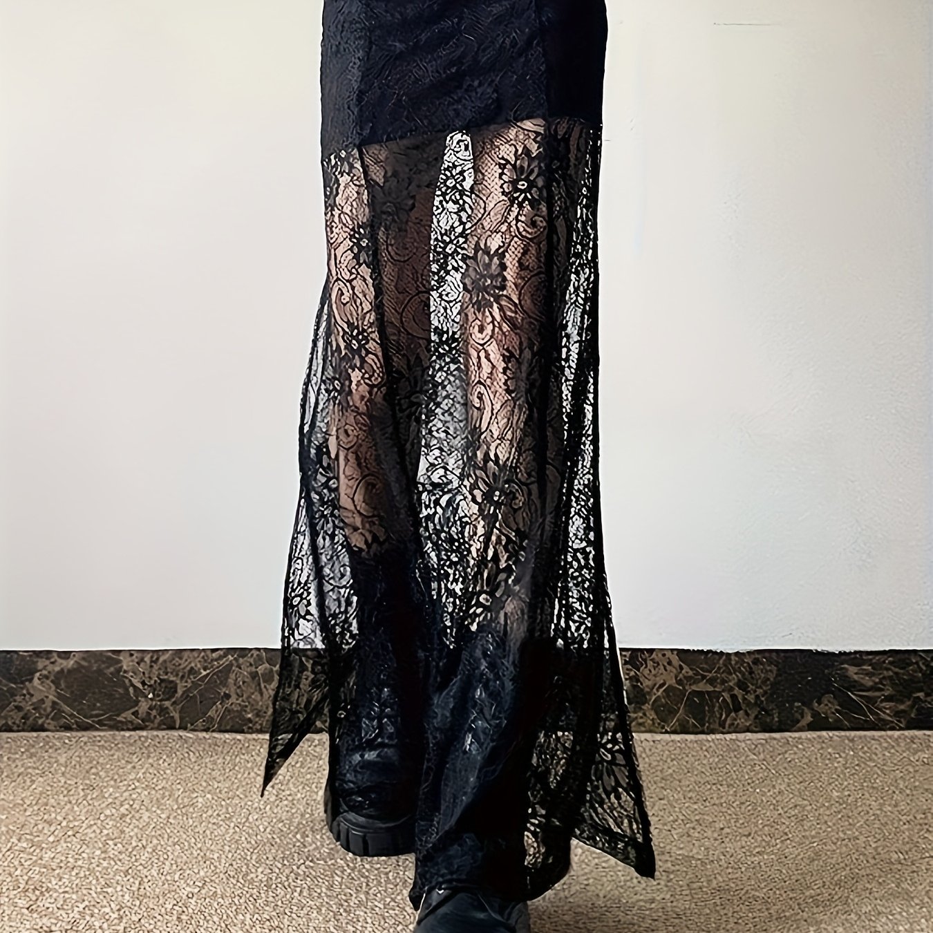 Lace-paneled Sheer High-waist Midi Dress For Women