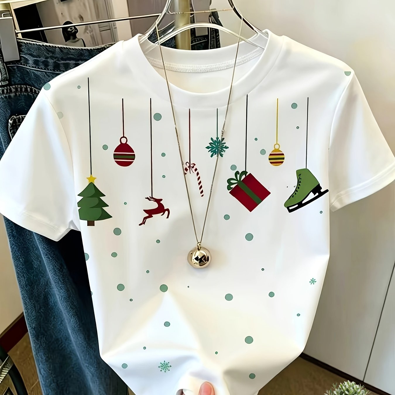 TEMU Plus Size Women's Short Sleeve T-shirt, Fun Christmas Element Print, Skin-friendly And Breathable Fabric. Fashionable New Autumn Round Neck