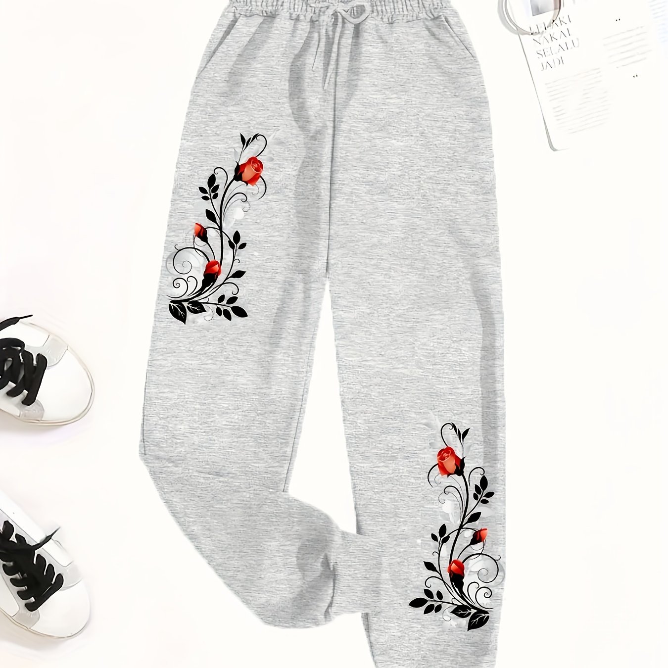 TEMU Women's Casual Jogging Pants - Floral Print, Drawstring Loose Fit Spring/autumn Sport Pants