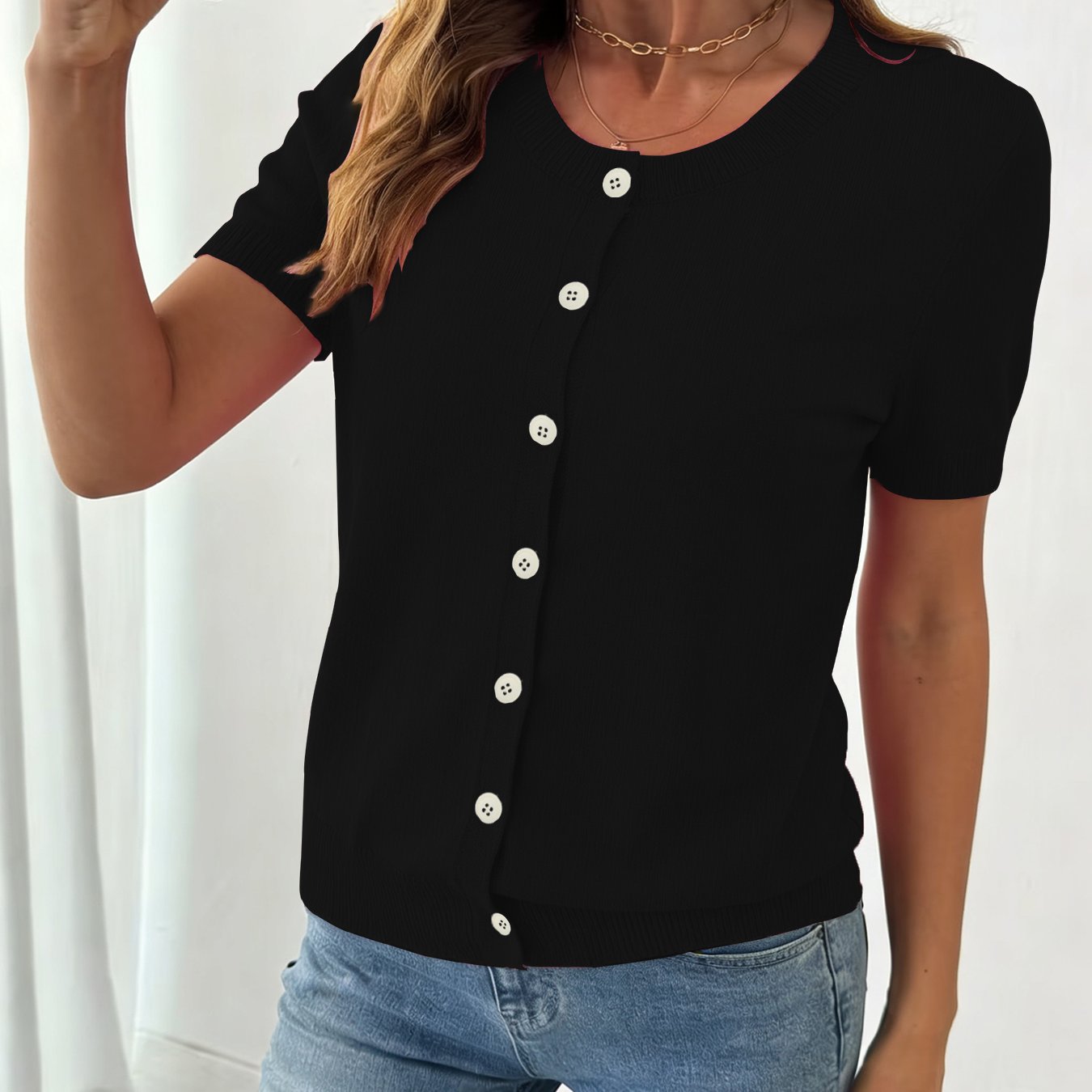TEMU Women's Casual Sweater - Short Sleeve Crew Neck Cardigan, Slightly Stretchy Comfortable Top, Textured Design, Durable Fabric, Fashionable