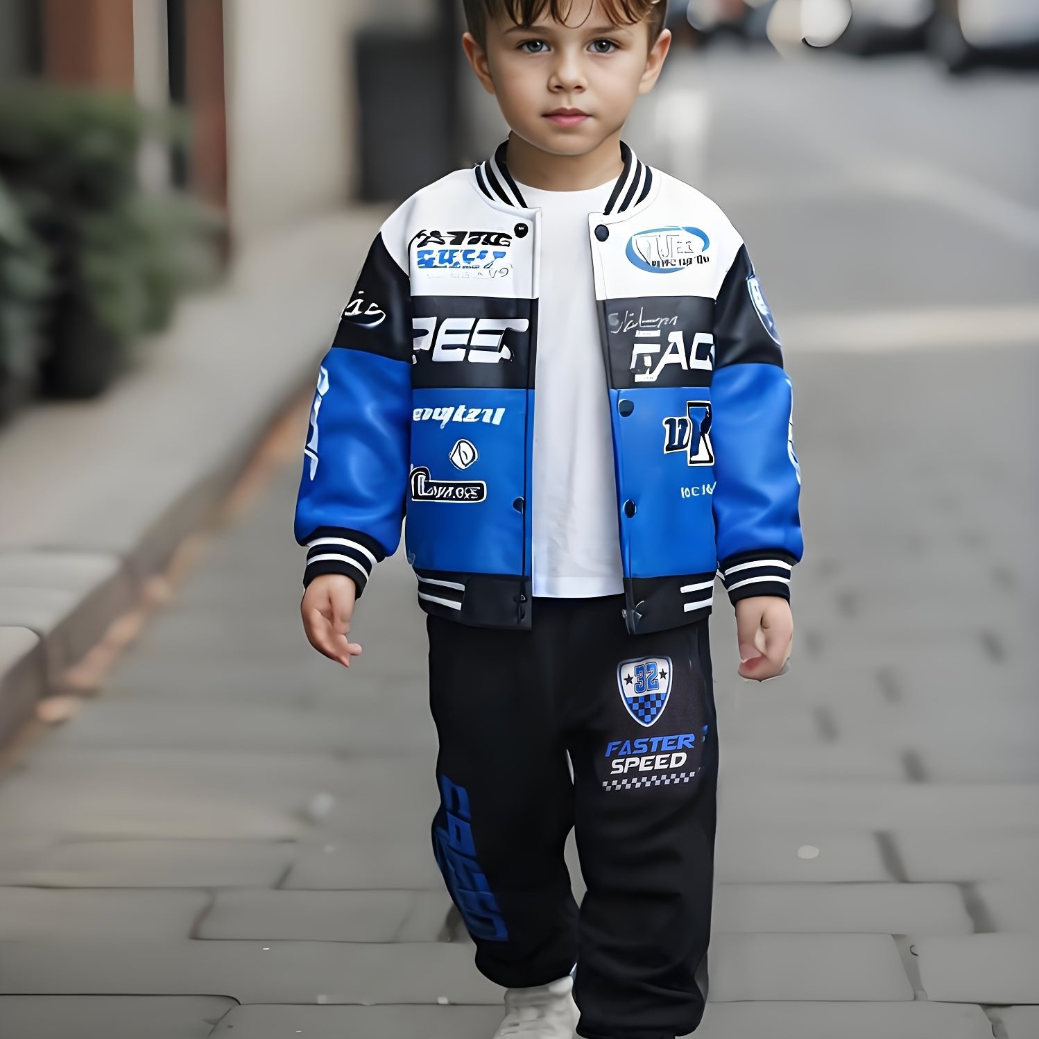Image of 2pcs Boys' Casual Baseball Jacket And Pants Set, Casual Motorcycle Print Outfit, For School And Daily Wear, Suitable For Spring And Autumn (inner Hooded Sweatshirt For Reference ), For Outdoor