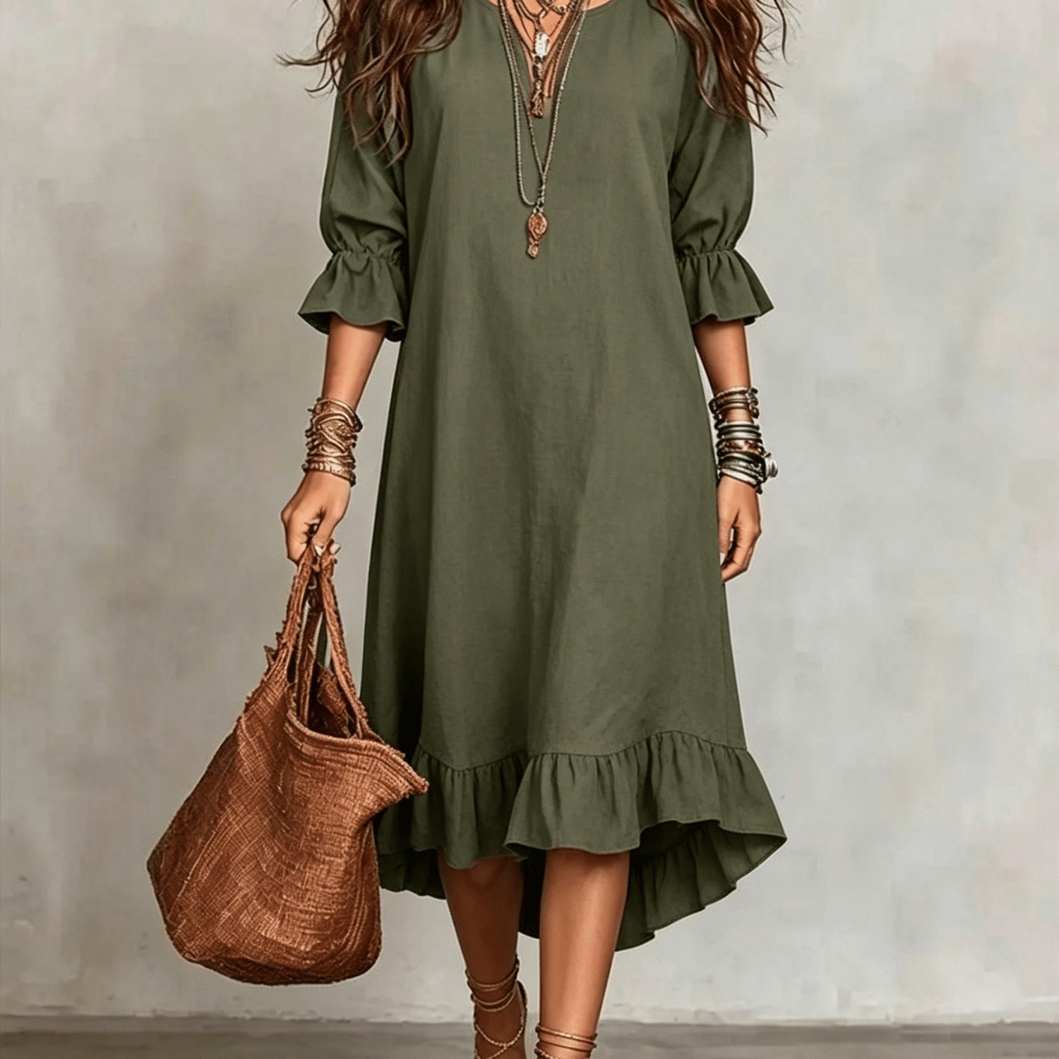Image of Women's Boho Postpartum Midi Dress, 3/4 Ruffle Sleeve Crew Neck Loose Fit Solid Color Ruffle Hem Casual A-line Dress