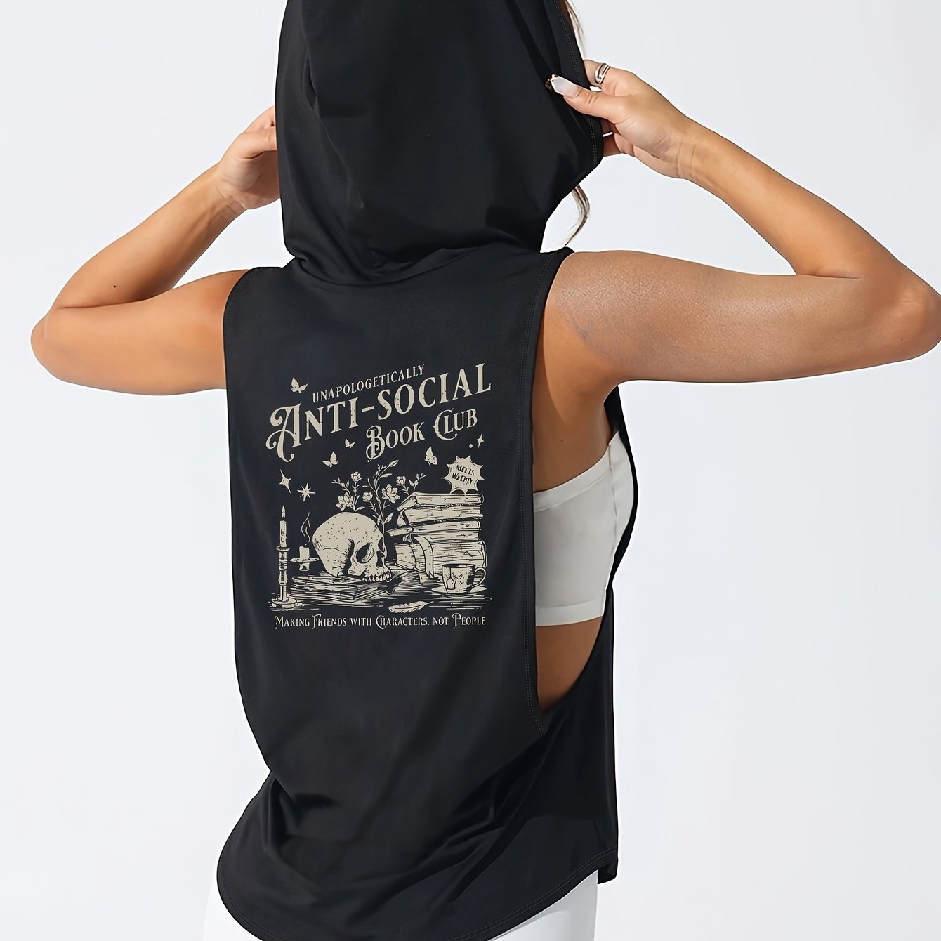 TEMU Women's Athletic Sleeveless Hooded Vest, Anti-social Book Club, Skull Print, Loose Fit, Machine Washable, Suitable For Spring Summer Casual And