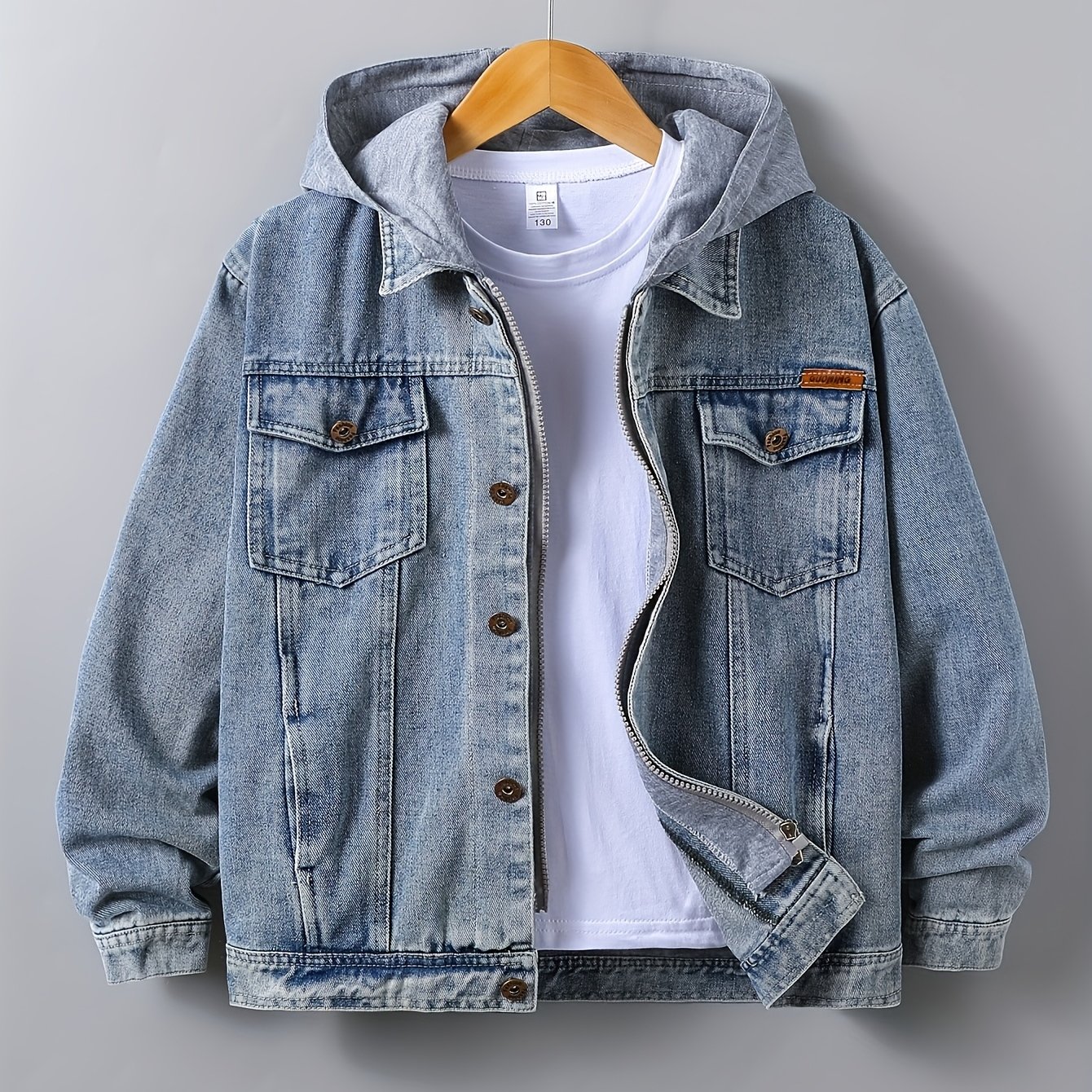 Image of Boys' Denim Jacket, Fashionable Fake Two-piece Hooded 's Jacket, European And And Autumn 's Clothing Jacket, Denim Truck Driver Jacket, Motorcycle Top, Casual