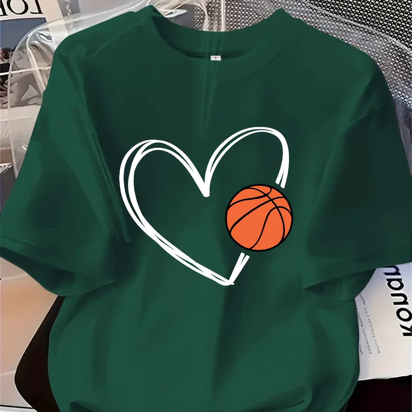 TEMU Heart And Basketball Print T-shirt, Short Sleeve Crew Neck Casual Top For Summer & Spring, Women's Clothing
