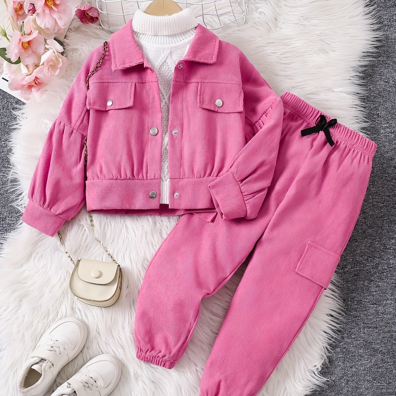 Image of Two-piece Girls' Casual Corduroy Single-breasted Button-up Top With False Pockets And Elastic Waistband Trousers Set, Perfect For Outdoor
